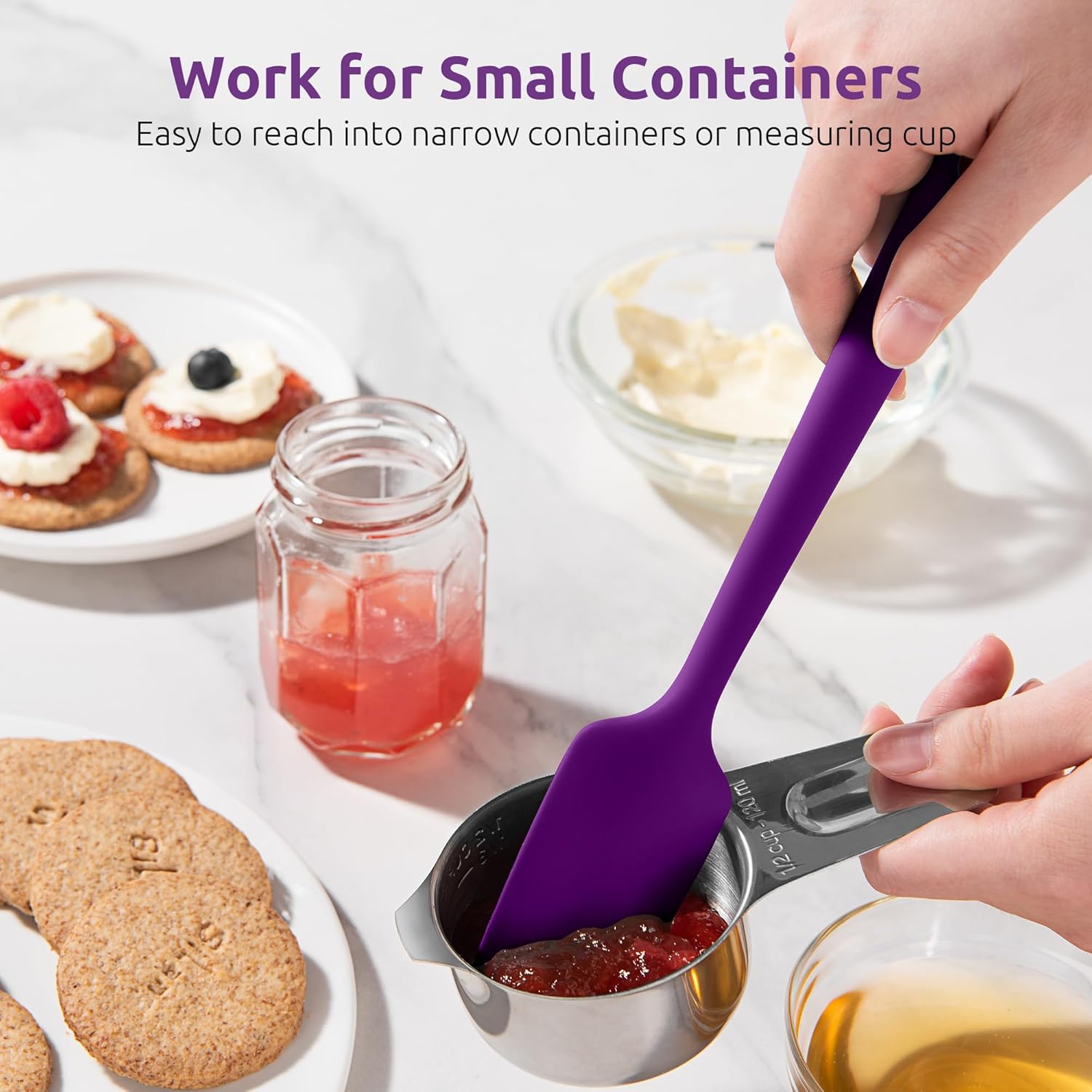 Small Mini Silicone Spatula: 9×2inch 600ºF Heat-Resistant Food-Grade Jar Scraper (Purple) and 8in Kitchen Plating Tweezer: 18/8 Stainless Steel Food-Grade Metal Food Tong (Pointed Tip) - Image 8