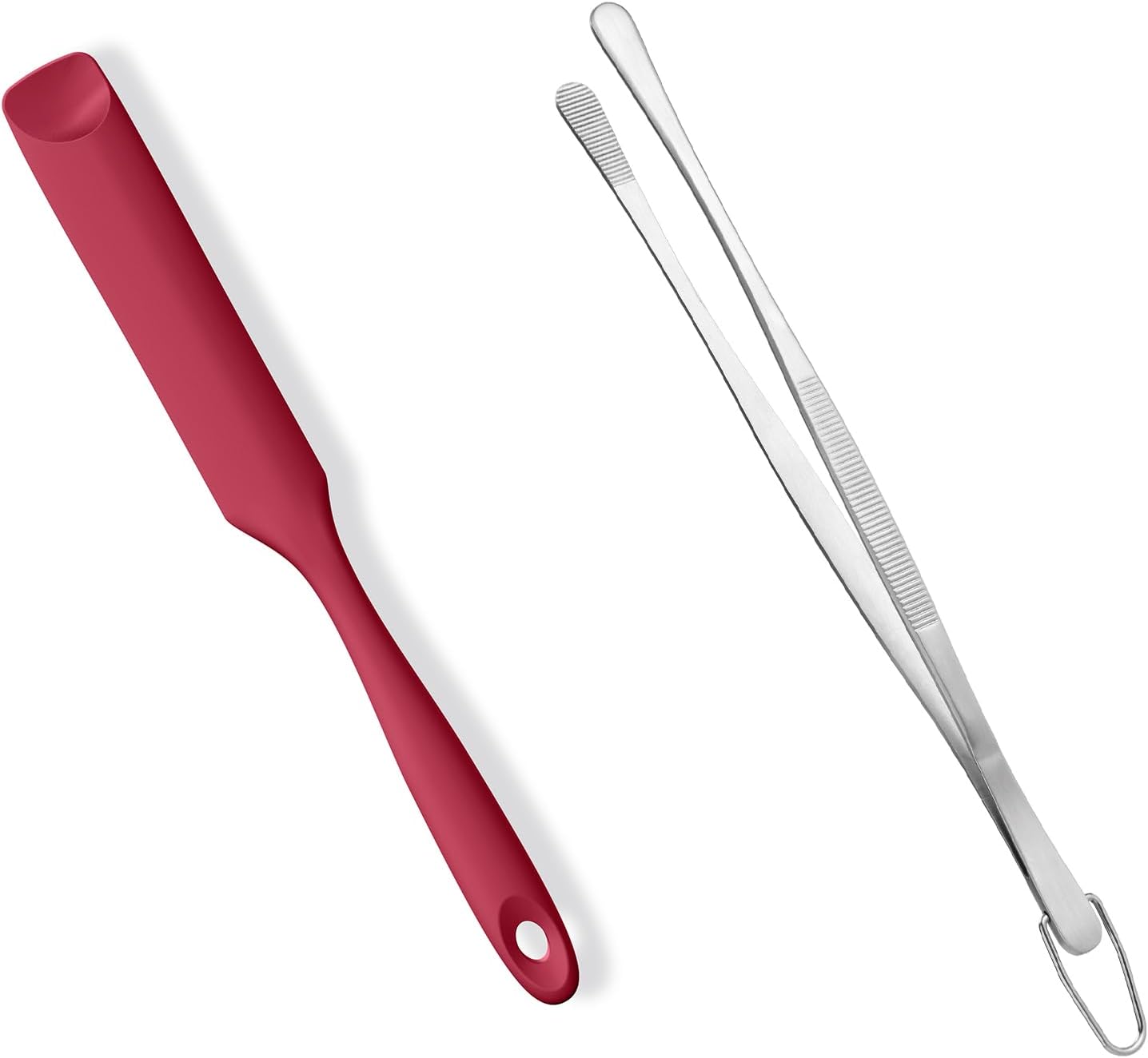 600ºF Heat-Resistant Food-Grade 10in Skinny Silicone Jar Spatula with Spoon Tip (Red) and 10in Kitchen Cooking Tweezer: 18/8 Stainless Steel Food-Grade Metal Food Tong (Round Tip) - Image 1