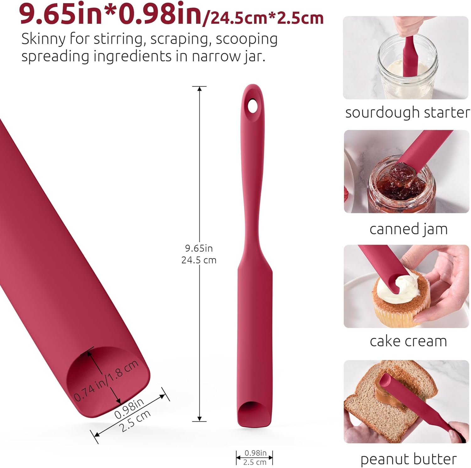 600ºF Heat-Resistant Food-Grade 10in Skinny Silicone Jar Spatula with Spoon Tip (Red) and 10in Kitchen Cooking Tweezer: 18/8 Stainless Steel Food-Grade Metal Food Tong (Round Tip) - Image 2