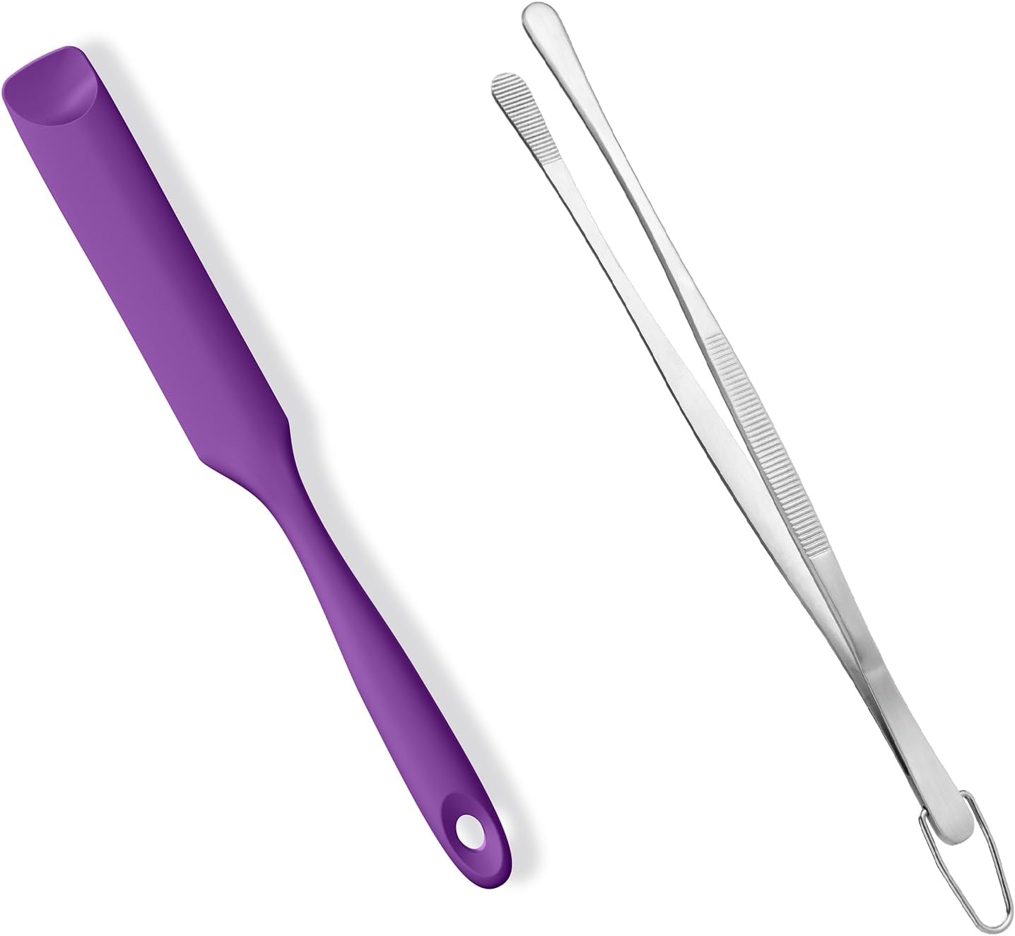 600ºF Heat-Resistant Food-Grade 10in Skinny Silicone Jar Spatula with Spoon Tip (Purple) and 10in Kitchen Cooking Tweezer: 18/8 Stainless Steel Food-Grade Metal Food Tong (Round Tip) - Image 1