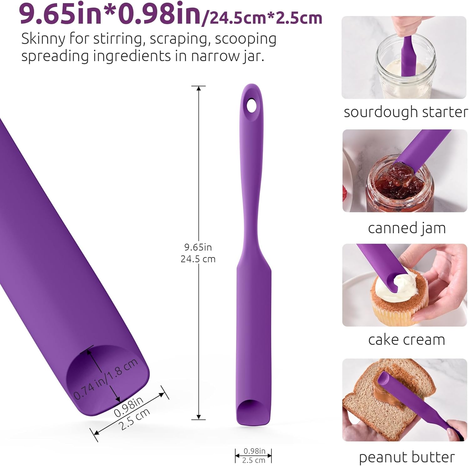 600ºF Heat-Resistant Food-Grade 10in Skinny Silicone Jar Spatula with Spoon Tip (Purple) and 10in Kitchen Cooking Tweezer: 18/8 Stainless Steel Food-Grade Metal Food Tong (Round Tip) - Image 2