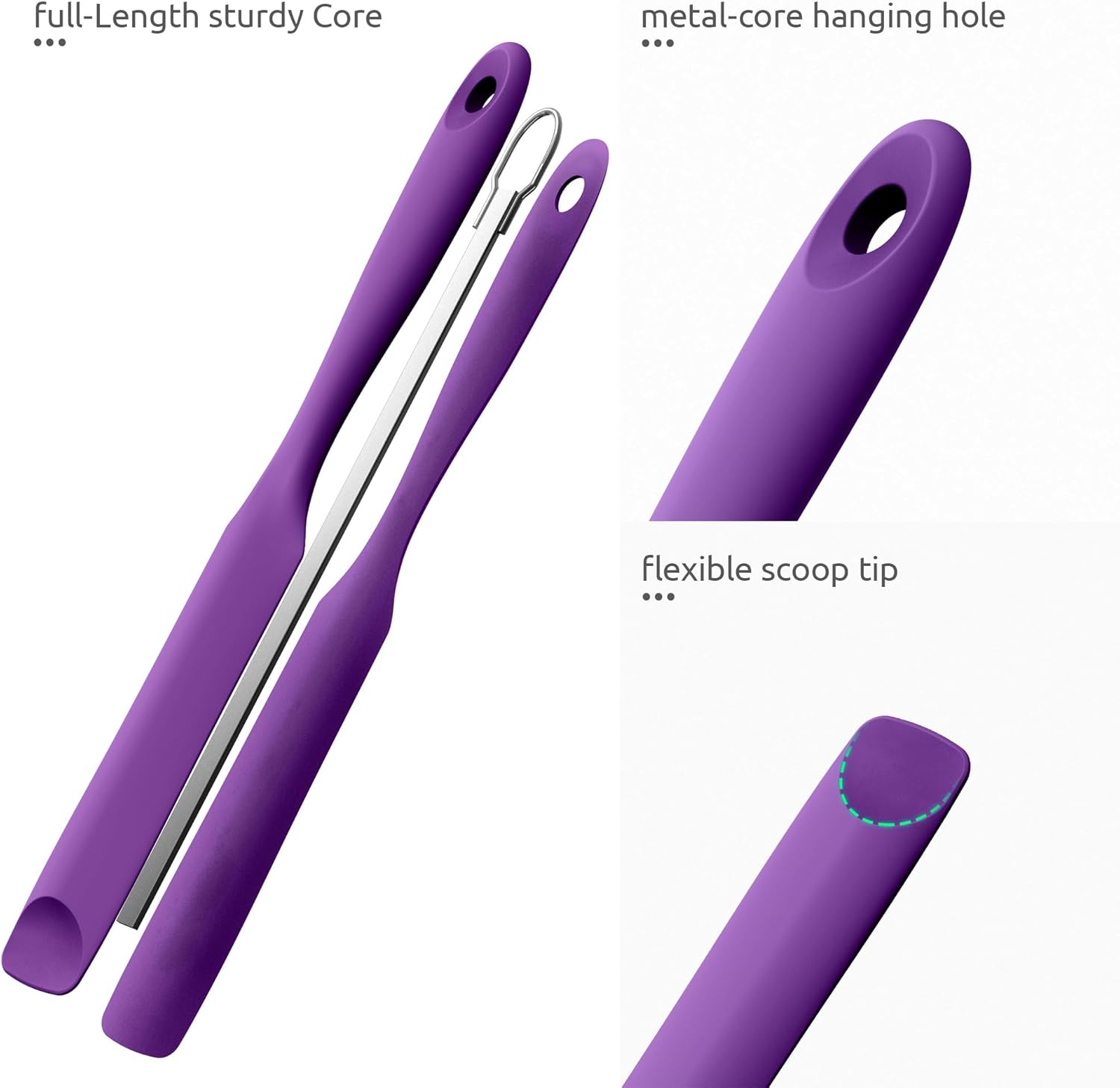 600ºF Heat-Resistant Food-Grade 10in Skinny Silicone Jar Spatula with Spoon Tip (Purple) and 10in Kitchen Cooking Tweezer: 18/8 Stainless Steel Food-Grade Metal Food Tong (Round Tip) - Image 8
