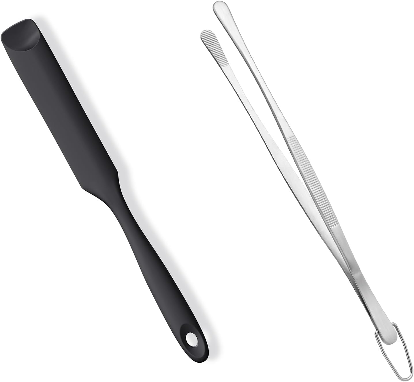 600ºF Heat-Resistant Food-Grade 10in Skinny Silicone Jar Spatula with Spoon Tip (Black) and 10in Kitchen Cooking Tweezer: 18/8 Stainless Steel Food-Grade Metal Food Tong (Round Tip) - Image 1