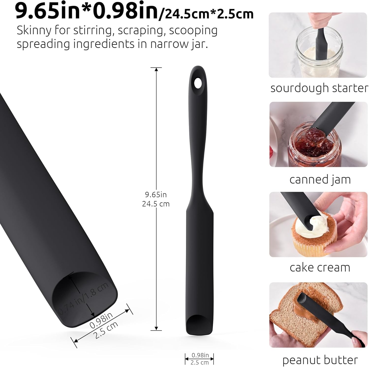 600ºF Heat-Resistant Food-Grade 10in Skinny Silicone Jar Spatula with Spoon Tip (Black) and 10in Kitchen Cooking Tweezer: 18/8 Stainless Steel Food-Grade Metal Food Tong (Round Tip) - Image 2