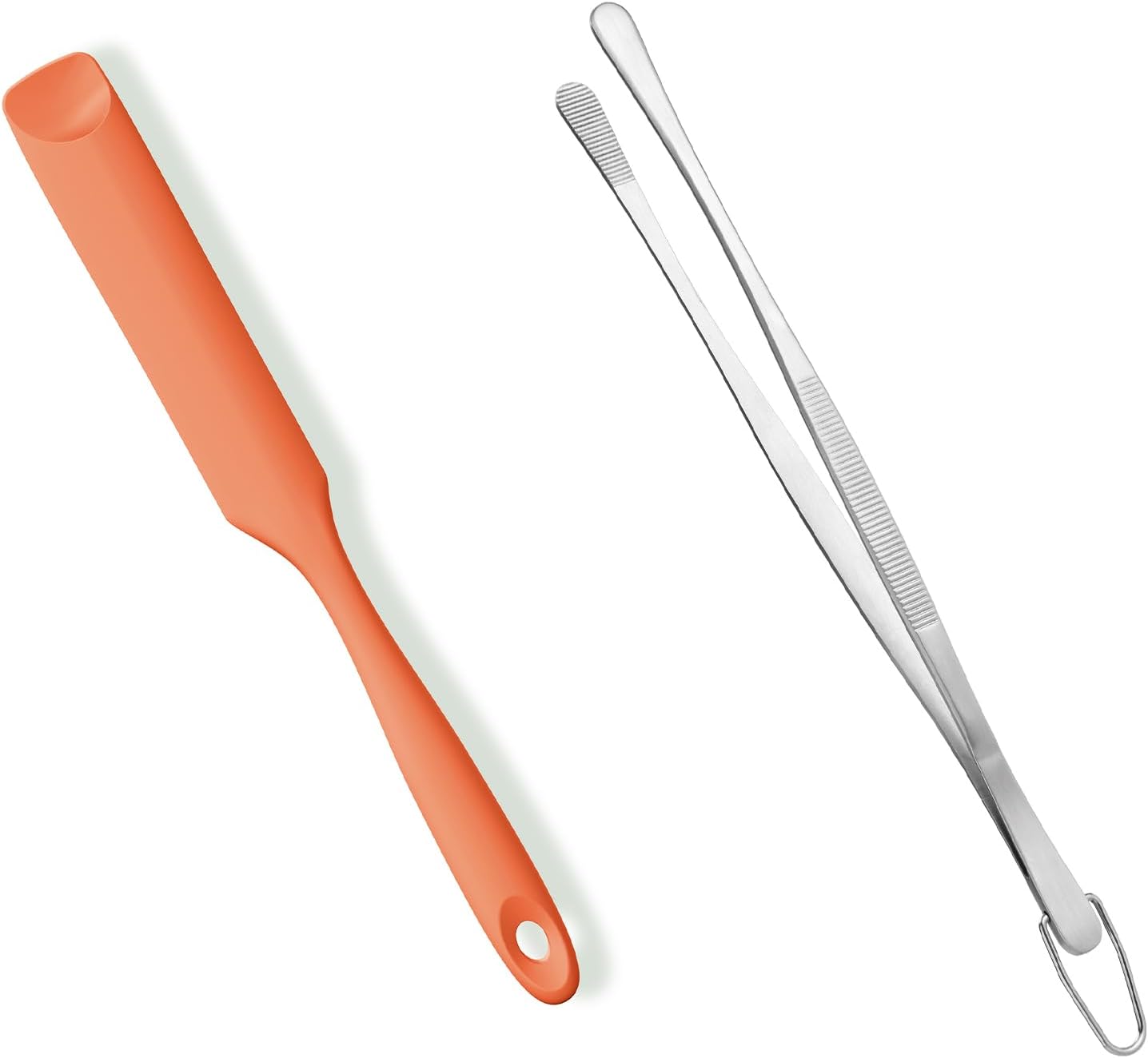 600ºF Heat-Resistant Food-Grade 10in Skinny Silicone Jar Spatula with Spoon Tip (Orange) and 10in Kitchen Cooking Tweezer: 18/8 Stainless Steel Food-Grade Metal Food Tong (Round Tip) - Image 1