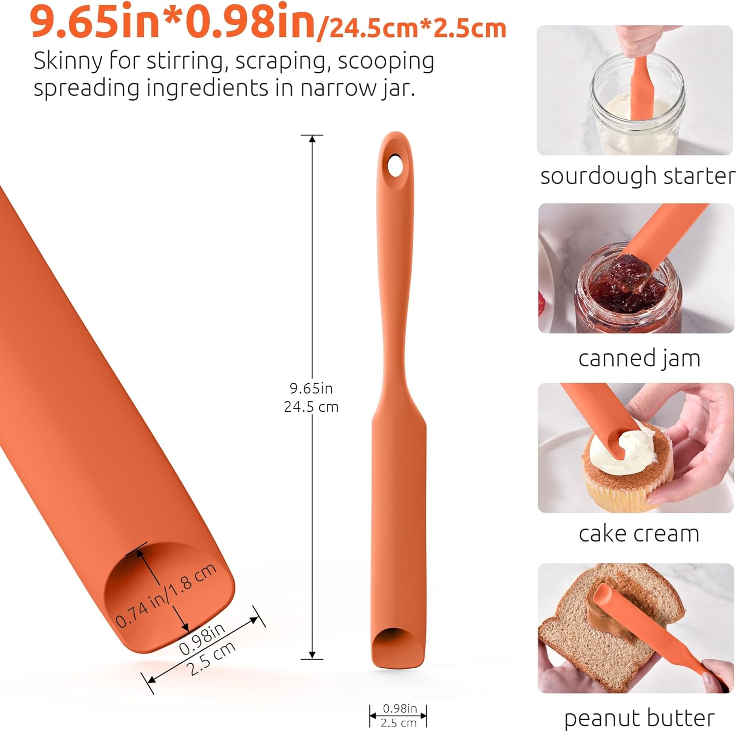 600ºF Heat-Resistant Food-Grade 10in Skinny Silicone Jar Spatula with Spoon Tip (Orange) and 10in Kitchen Cooking Tweezer: 18/8 Stainless Steel Food-Grade Metal Food Tong (Round Tip) - Image 2