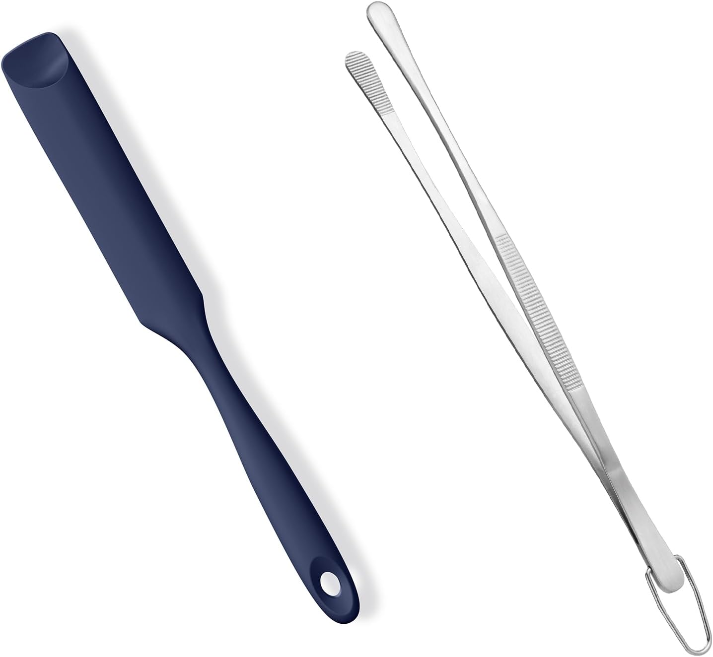 600ºF Heat-Resistant Food-Grade 10in Skinny Silicone Jar Spatula with Spoon Tip (Midnight Blue) and 10in Kitchen Cooking Tweezer: 18/8 Stainless Steel Food-Grade Metal Food Tong (Round Tip) - Image 1