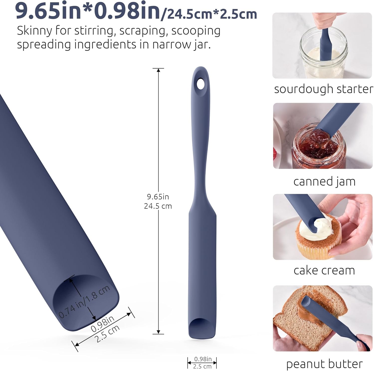 600ºF Heat-Resistant Food-Grade 10in Skinny Silicone Jar Spatula with Spoon Tip (Midnight Blue) and 10in Kitchen Cooking Tweezer: 18/8 Stainless Steel Food-Grade Metal Food Tong (Round Tip) - Image 2