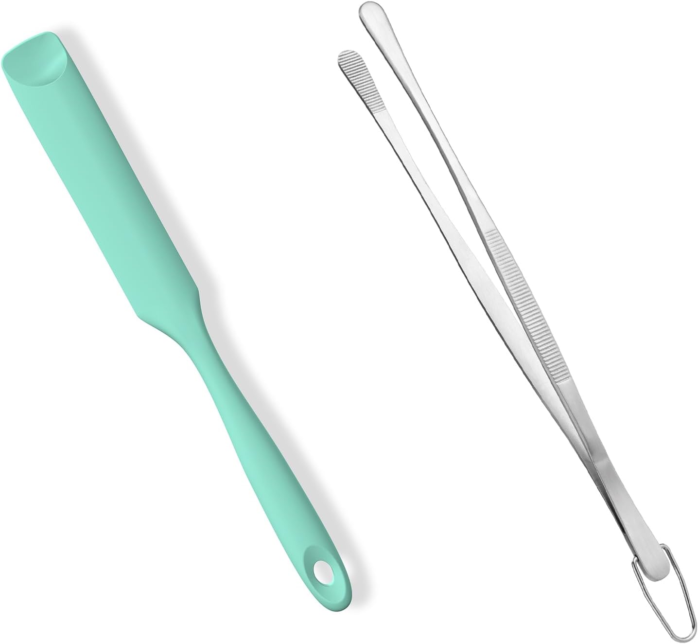600ºF Heat-Resistant Food-Grade 10in Skinny Silicone Jar Spatula with Spoon Tip (Aqua Sky) and 10in Kitchen Cooking Tweezer: 18/8 Stainless Steel Food-Grade Metal Food Tong (Round Tip) - Image 1