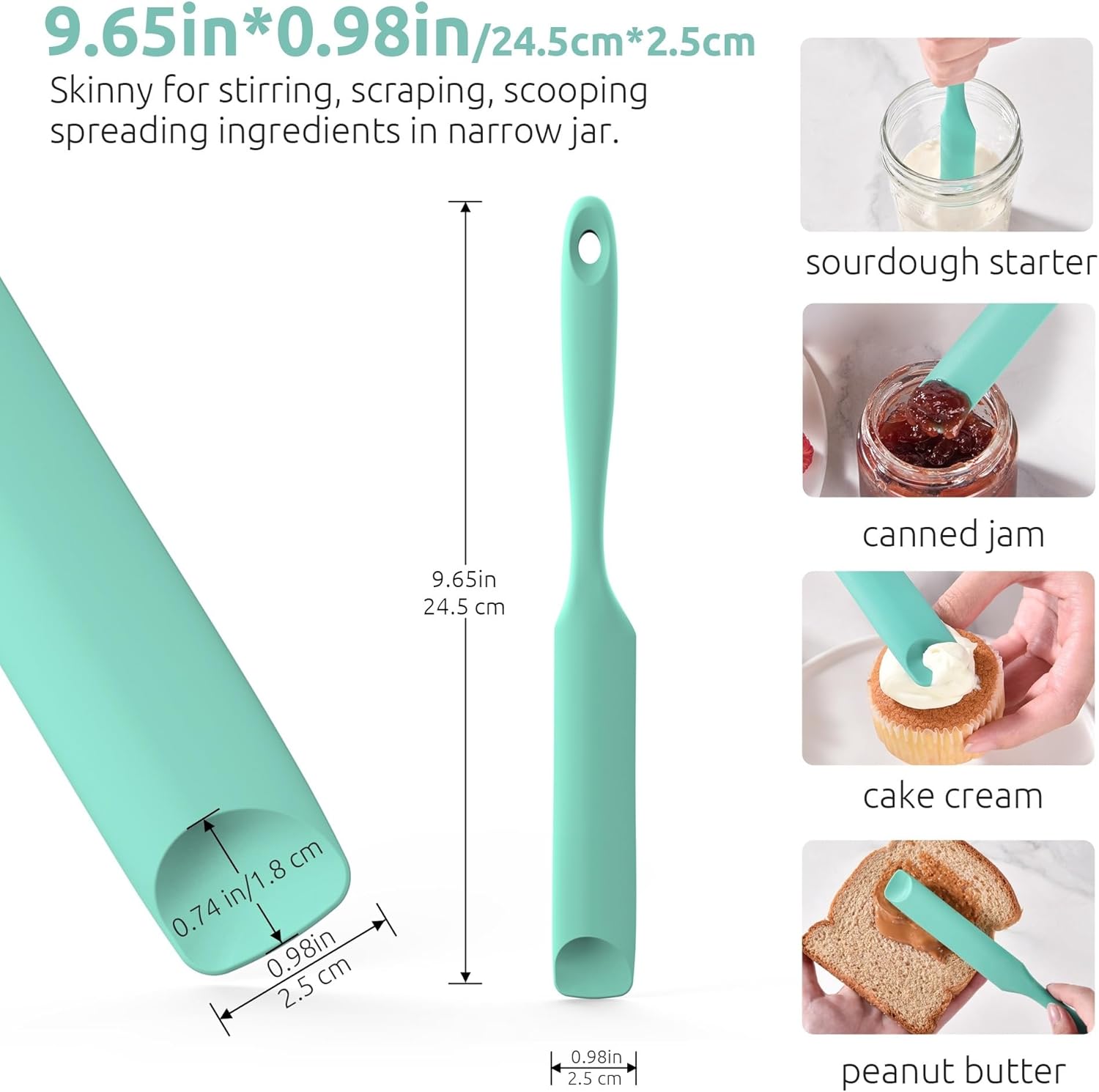 600ºF Heat-Resistant Food-Grade 10in Skinny Silicone Jar Spatula with Spoon Tip (Aqua Sky) and 10in Kitchen Cooking Tweezer: 18/8 Stainless Steel Food-Grade Metal Food Tong (Round Tip) - Image 2
