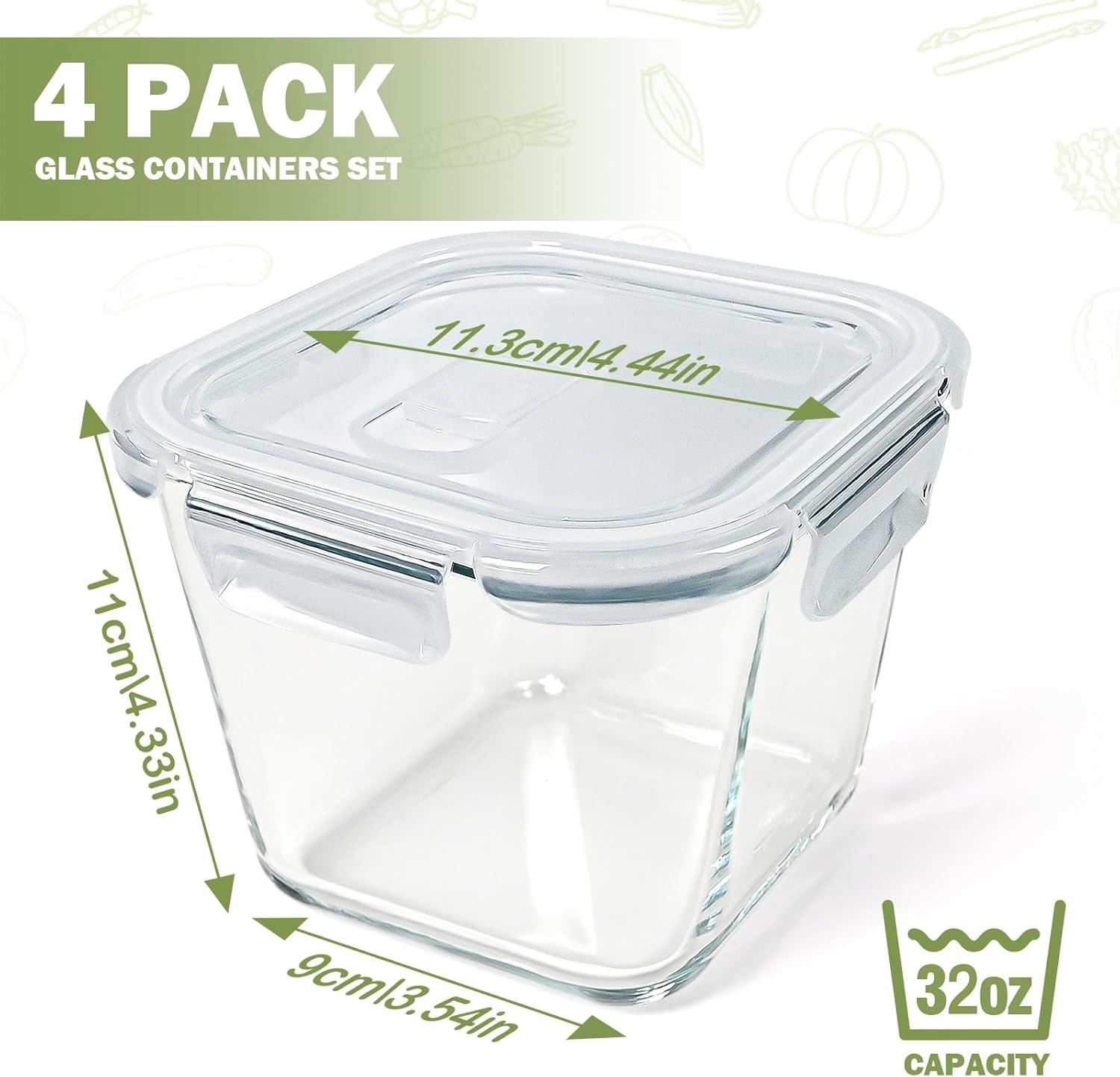 Soup Containers with Lids Glass 32 oz, 4 Cup Borosilicate Glass Food Storage Containers, Microwave & Freezer Safe Jars, Small Square Meal Prep Bowl for Salad, Fruit, Lunch, Ice Cream, Travel, 4 Pack - Image 2