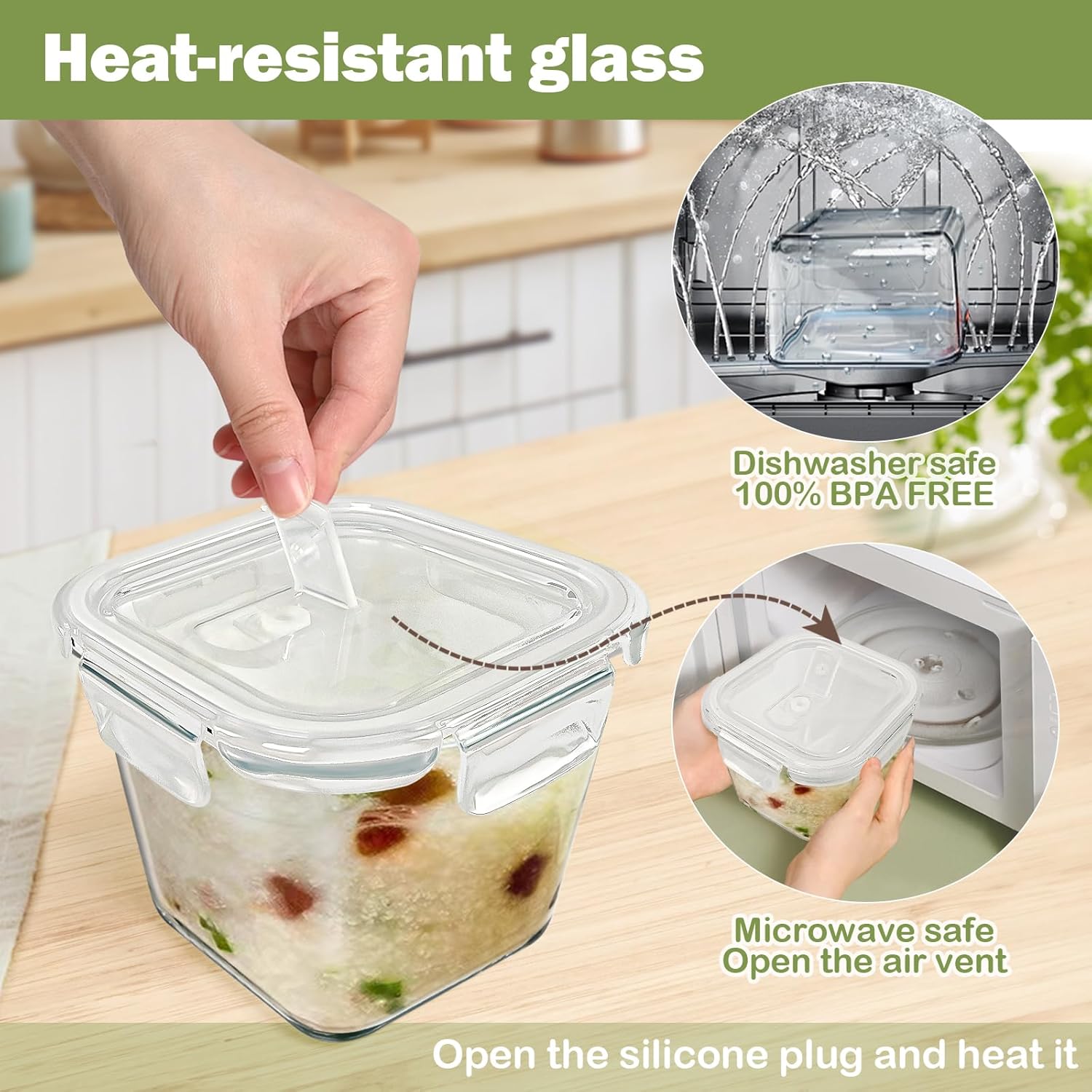Soup Containers with Lids Glass 32 oz, 4 Cup Borosilicate Glass Food Storage Containers, Microwave & Freezer Safe Jars, Small Square Meal Prep Bowl for Salad, Fruit, Lunch, Ice Cream, Travel, 4 Pack - Image 5
