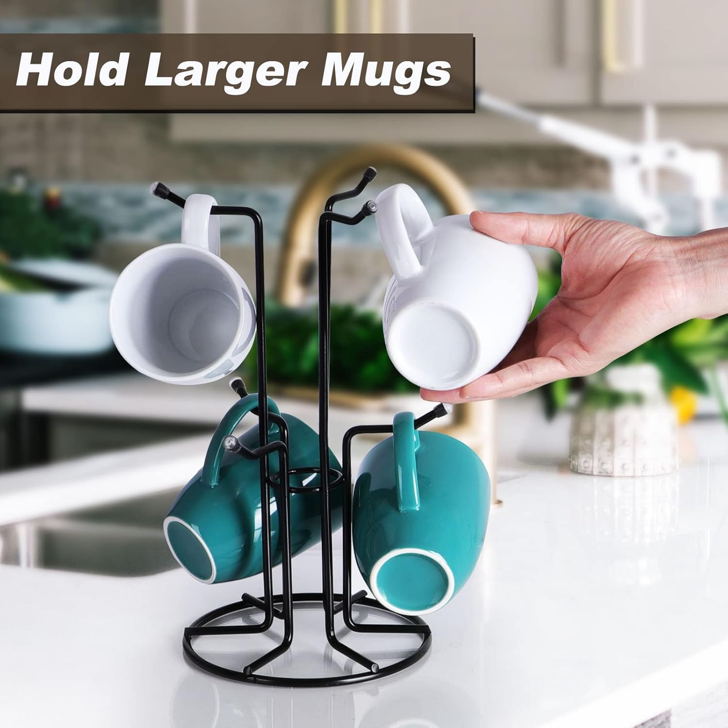 Mug Tree for Large Cups, Counter Coffee Mug Holder with 6 Hooks, Metal Coffee Cup Holder Tree, Standing Rack for Countertop, Kitchen Counter Decor, Black - Image 2