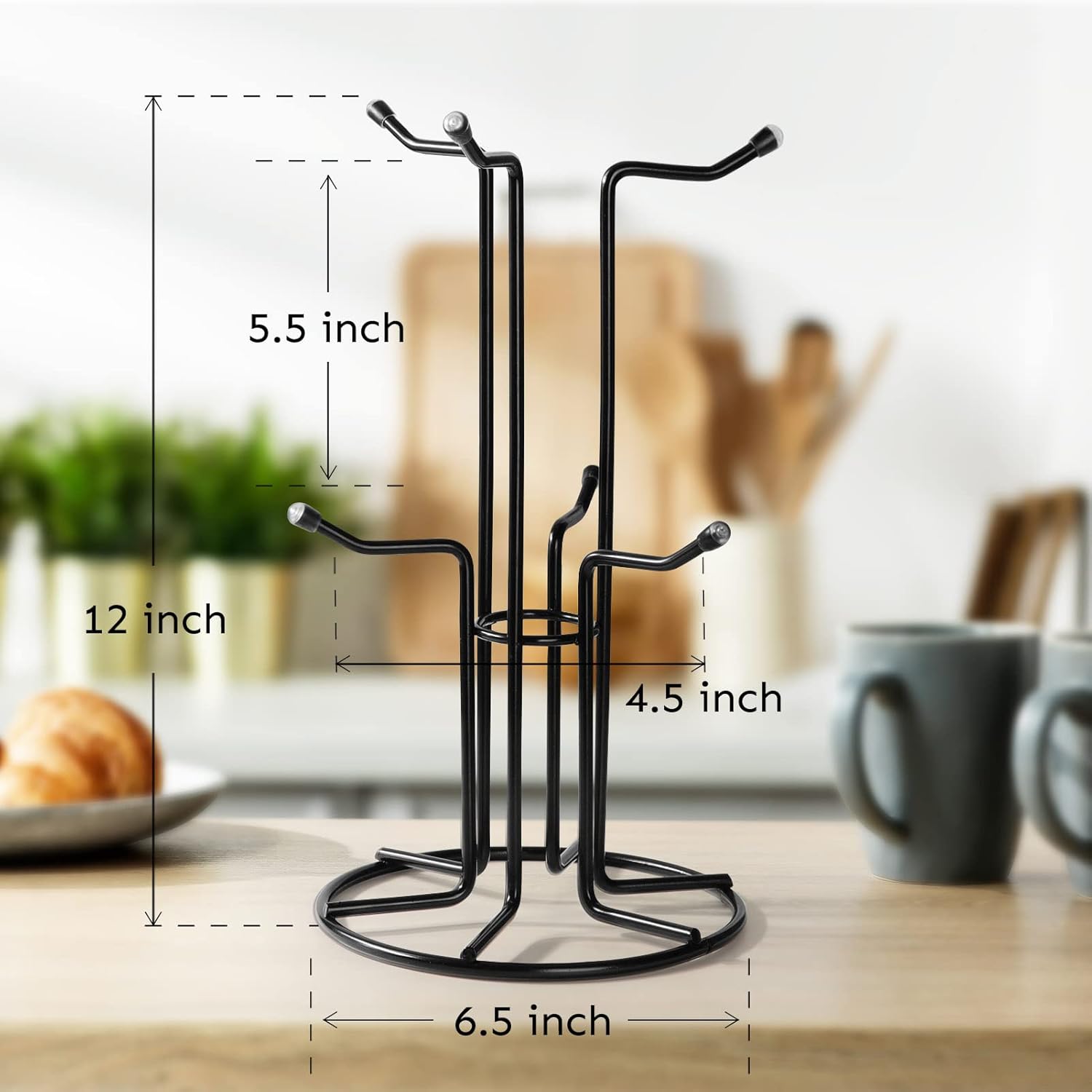 Mug Tree for Large Cups, Counter Coffee Mug Holder with 6 Hooks, Metal Coffee Cup Holder Tree, Standing Rack for Countertop, Kitchen Counter Decor, Black - Image 5