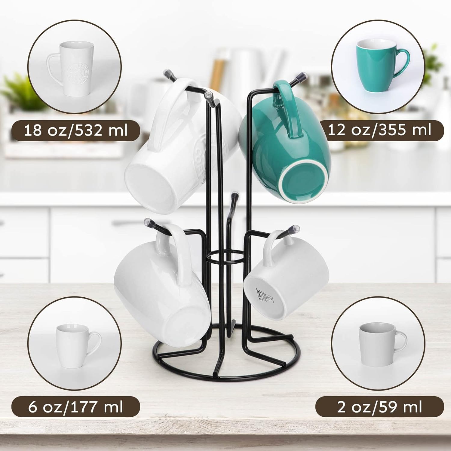 Mug Tree for Large Cups, Counter Coffee Mug Holder with 6 Hooks, Metal Coffee Cup Holder Tree, Standing Rack for Countertop, Kitchen Counter Decor, Black - Image 7