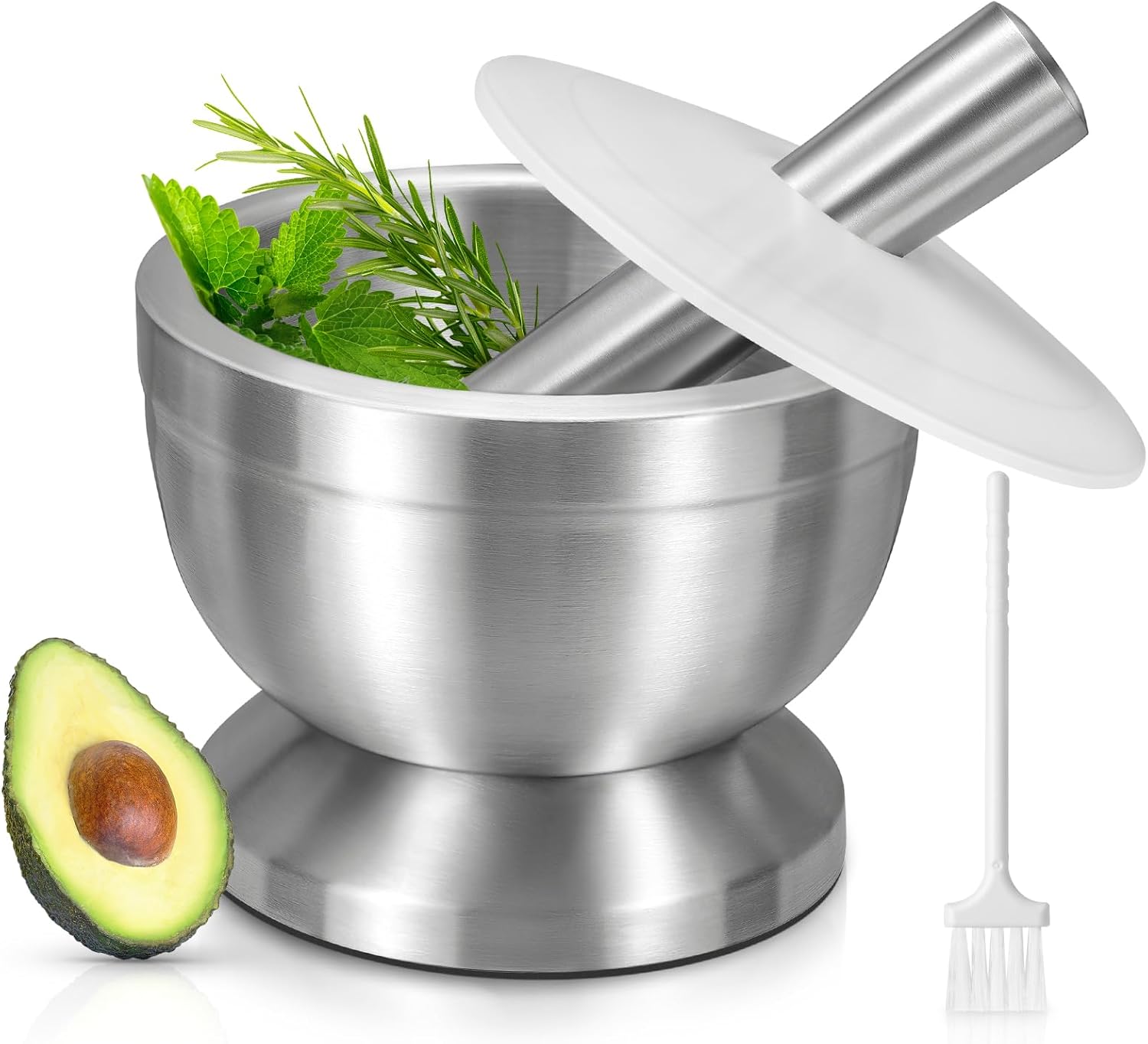 Mortar and Pestle,  18/8 Stainless Steel Spice Grinder Pill Crusher with Lid for Crushing Grinding Ergonomic Design with Anti Slip Base and Comfy Grip - Image 1