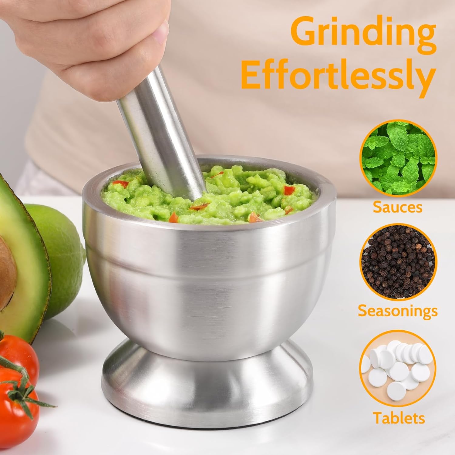 Mortar and Pestle,  18/8 Stainless Steel Spice Grinder Pill Crusher with Lid for Crushing Grinding Ergonomic Design with Anti Slip Base and Comfy Grip - Image 2