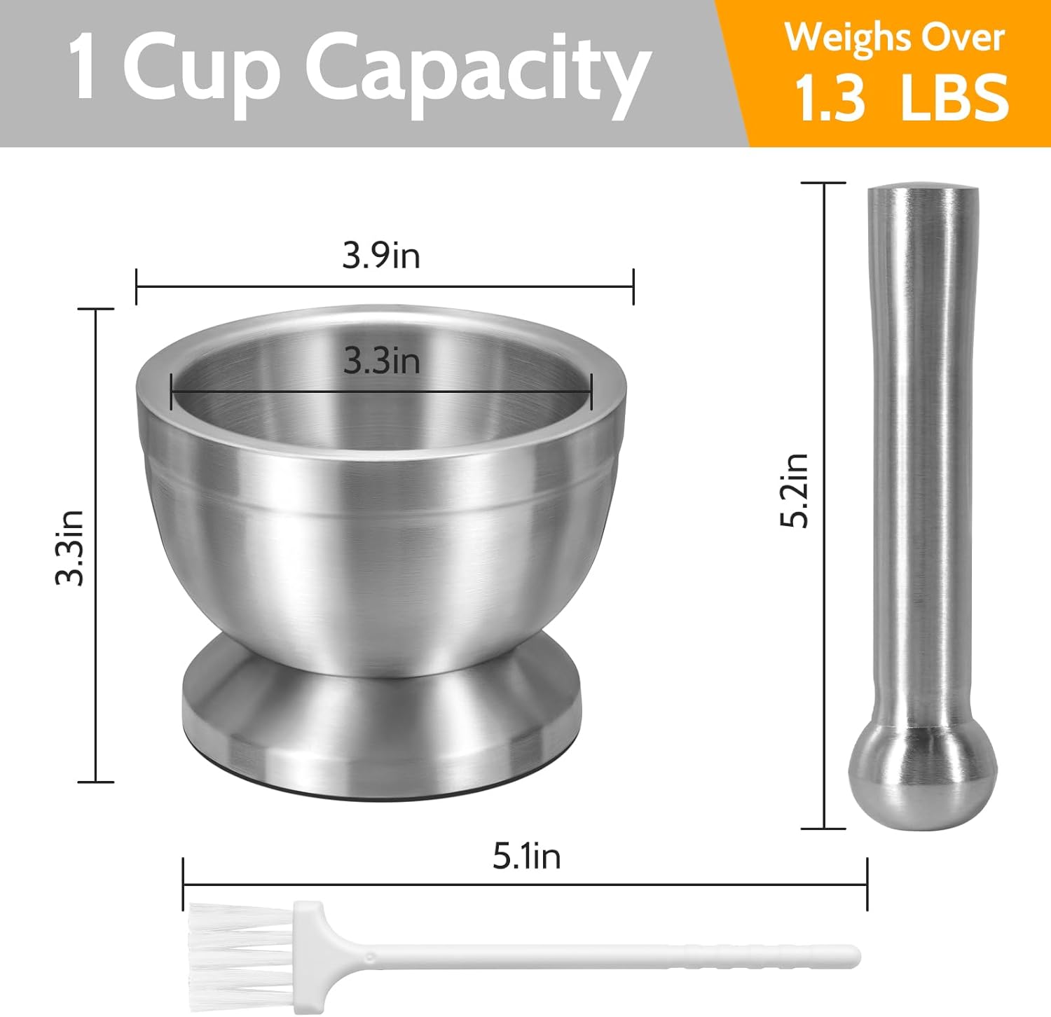 Mortar and Pestle,  18/8 Stainless Steel Spice Grinder Pill Crusher with Lid for Crushing Grinding Ergonomic Design with Anti Slip Base and Comfy Grip - Image 3