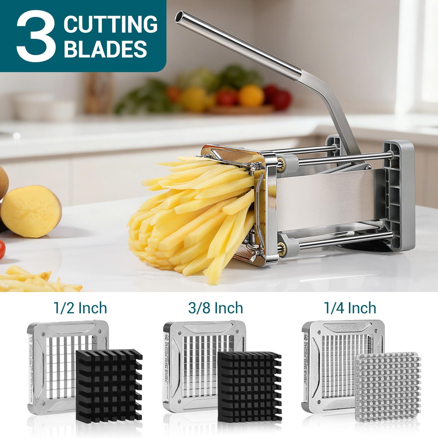 French Fry Cutter,  Professional Stainless Steel Potato Cutter with 1/2