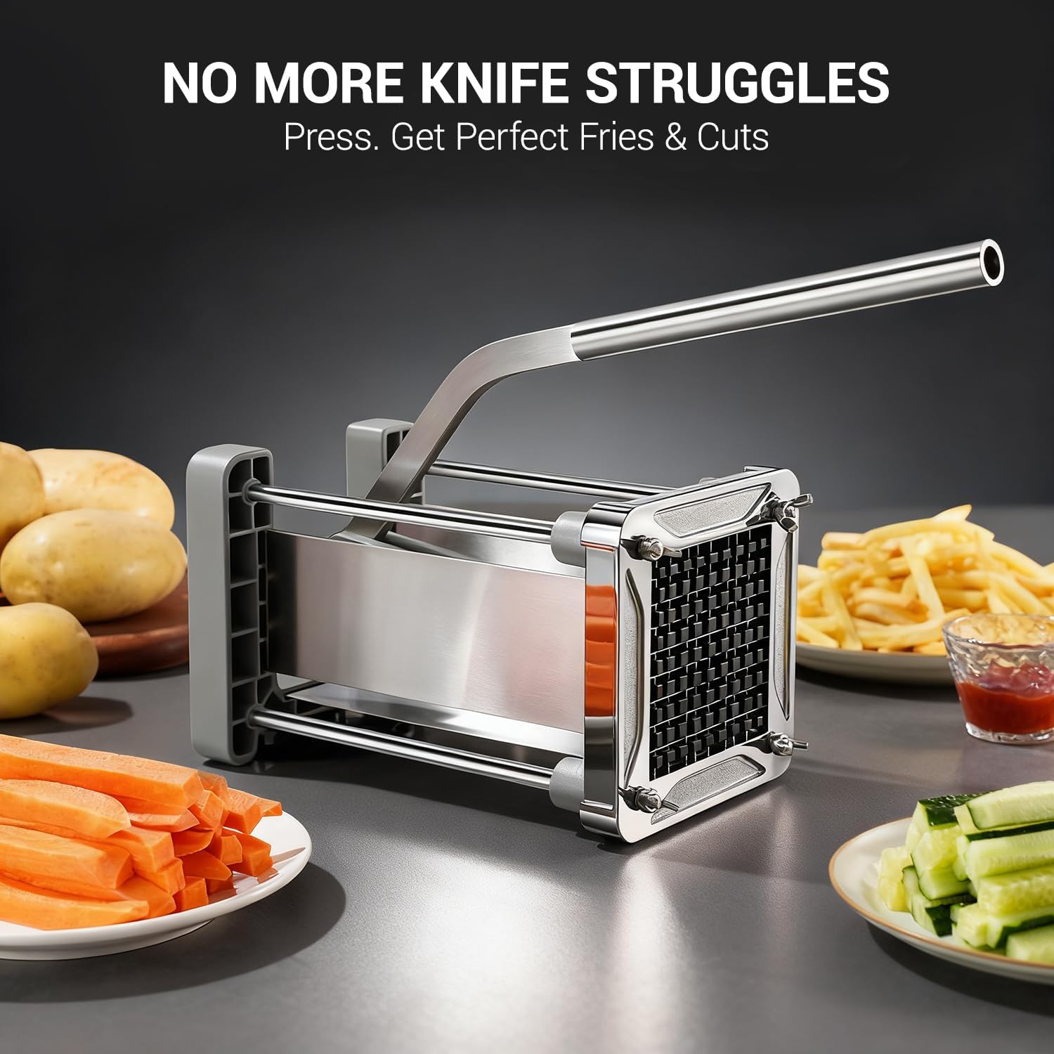 French Fry Cutter,  Professional Stainless Steel Potato Cutter with 1/2