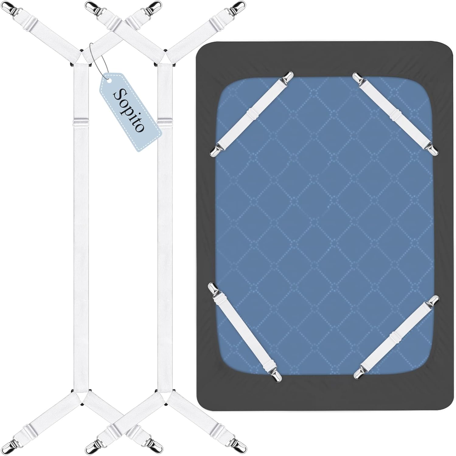 Adjustable Elastic Sheet Straps Fasteners White 4Pcs and 2Pcs - Image 1