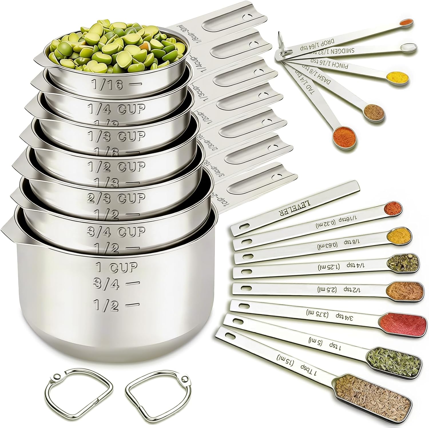 Measuring Cups and Spoons Set, 7 Stainless Steel Nesting Measuring Cups & 7 Spoons, 5 Mini Measuring Spoons &1 Leveler, Kitchen Gadgets for Cooking & Baking, Square - Image 1