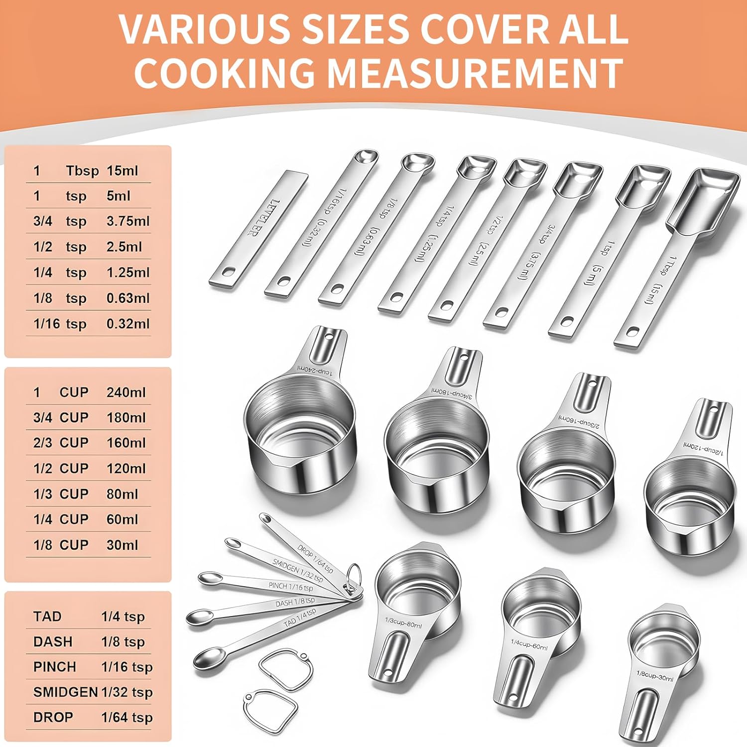 Measuring Cups and Spoons Set, 7 Stainless Steel Nesting Measuring Cups & 7 Spoons, 5 Mini Measuring Spoons &1 Leveler, Kitchen Gadgets for Cooking & Baking, Square - Image 3