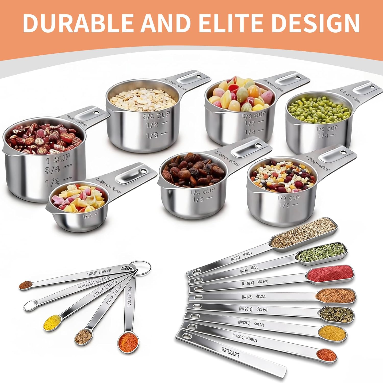 Measuring Cups and Spoons Set, 7 Stainless Steel Nesting Measuring Cups & 7 Spoons, 5 Mini Measuring Spoons &1 Leveler, Kitchen Gadgets for Cooking & Baking, Square - Image 4