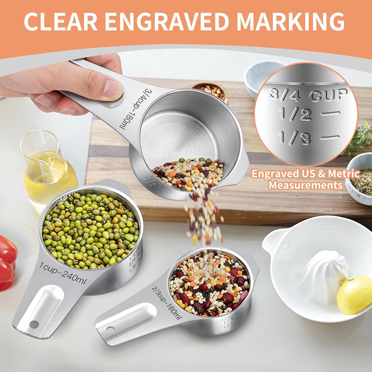 Measuring Cups and Spoons Set, 7 Stainless Steel Nesting Measuring Cups & 7 Spoons, 5 Mini Measuring Spoons &1 Leveler, Kitchen Gadgets for Cooking & Baking, Square - Image 6