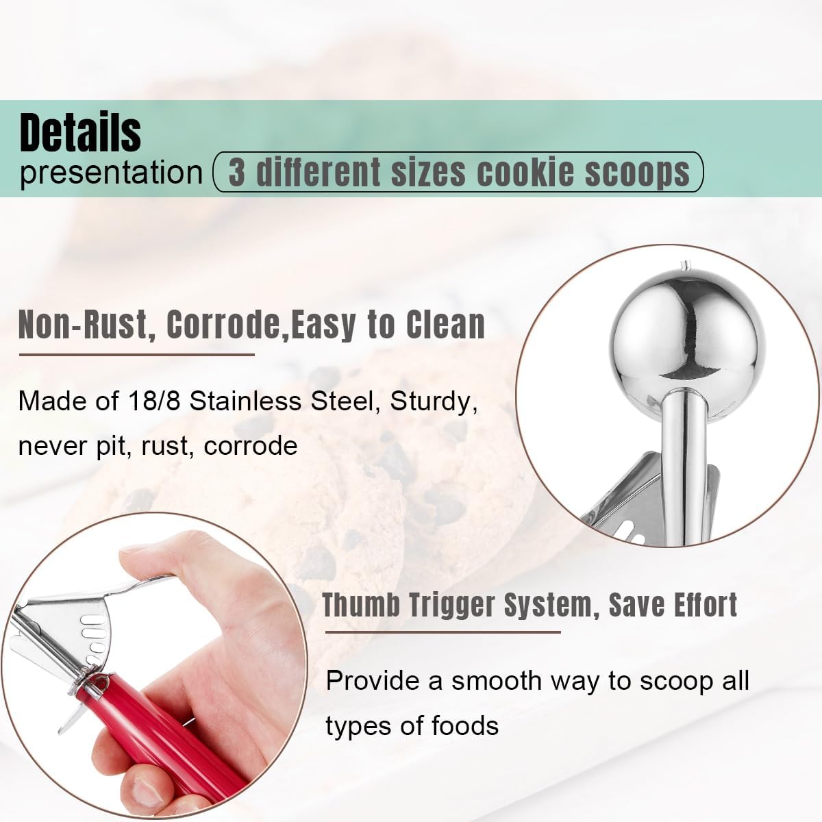 Cookie Scoop Set, Ice Cream Scoop Set, Cookie Scoops for Baking, Multiple Size Large-Medium-Small Size Disher, Professional 18/8 Stainless Steel Cupcake Scoop - Image 3