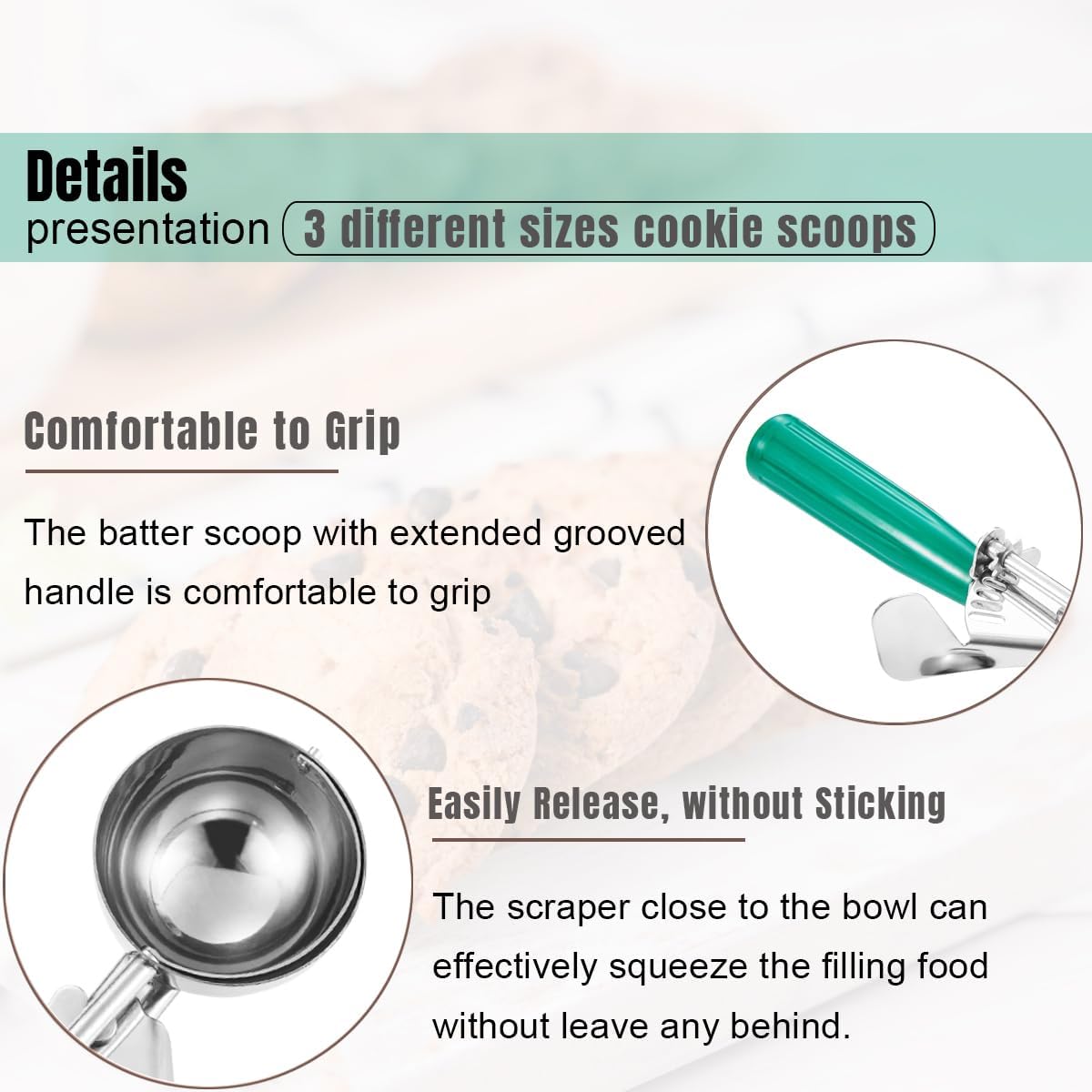 Cookie Scoop Set, Ice Cream Scoop Set, Cookie Scoops for Baking, Multiple Size Large-Medium-Small Size Disher, Professional 18/8 Stainless Steel Cupcake Scoop - Image 4