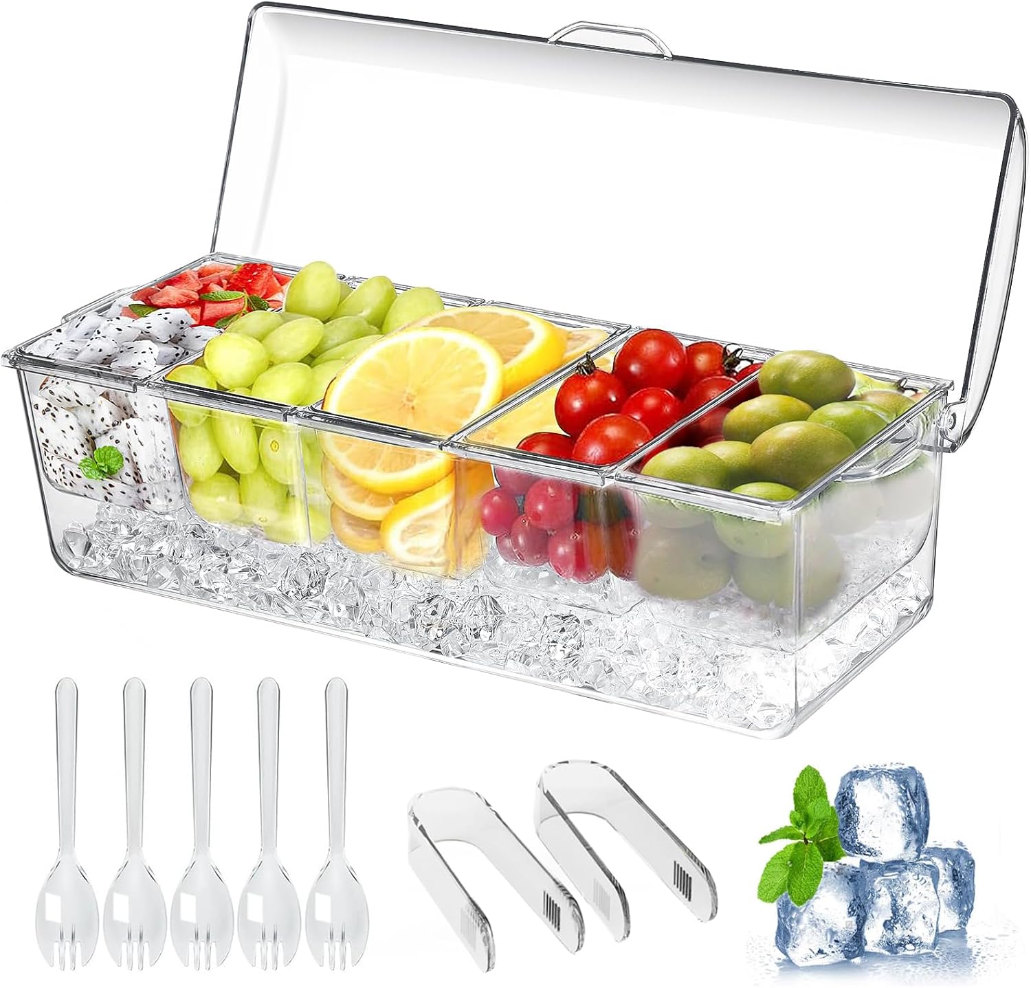 Large Ice Chilled Condiment Caddy，Chilled Condiment Containers Server with Lids for 5 Removable Compartments (2.5 cup)，Serving Platters, Fruit & Garnish Tray for Party Supplies & Bar Accessories - Image 1