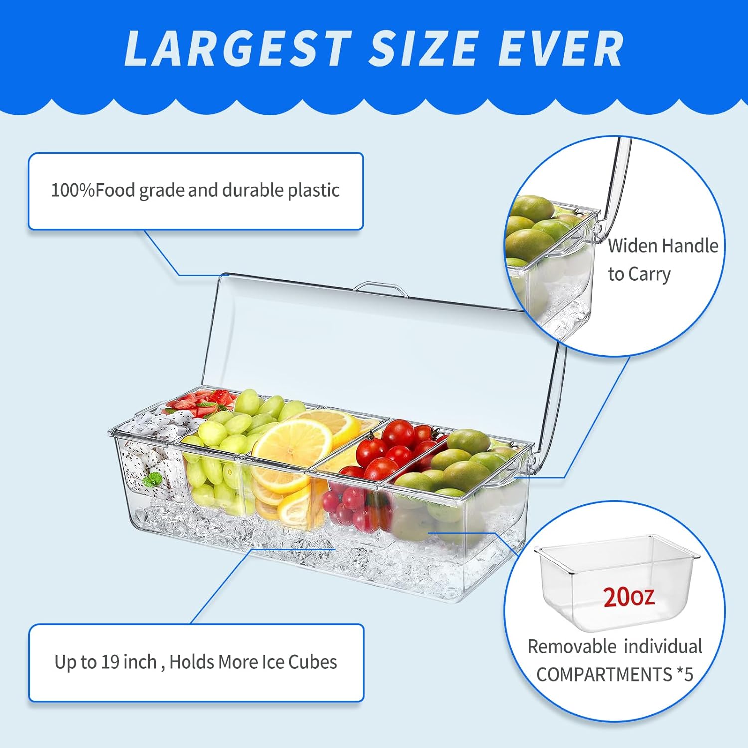 Large Ice Chilled Condiment Caddy，Chilled Condiment Containers Server with Lids for 5 Removable Compartments (2.5 cup)，Serving Platters, Fruit & Garnish Tray for Party Supplies & Bar Accessories - Image 3