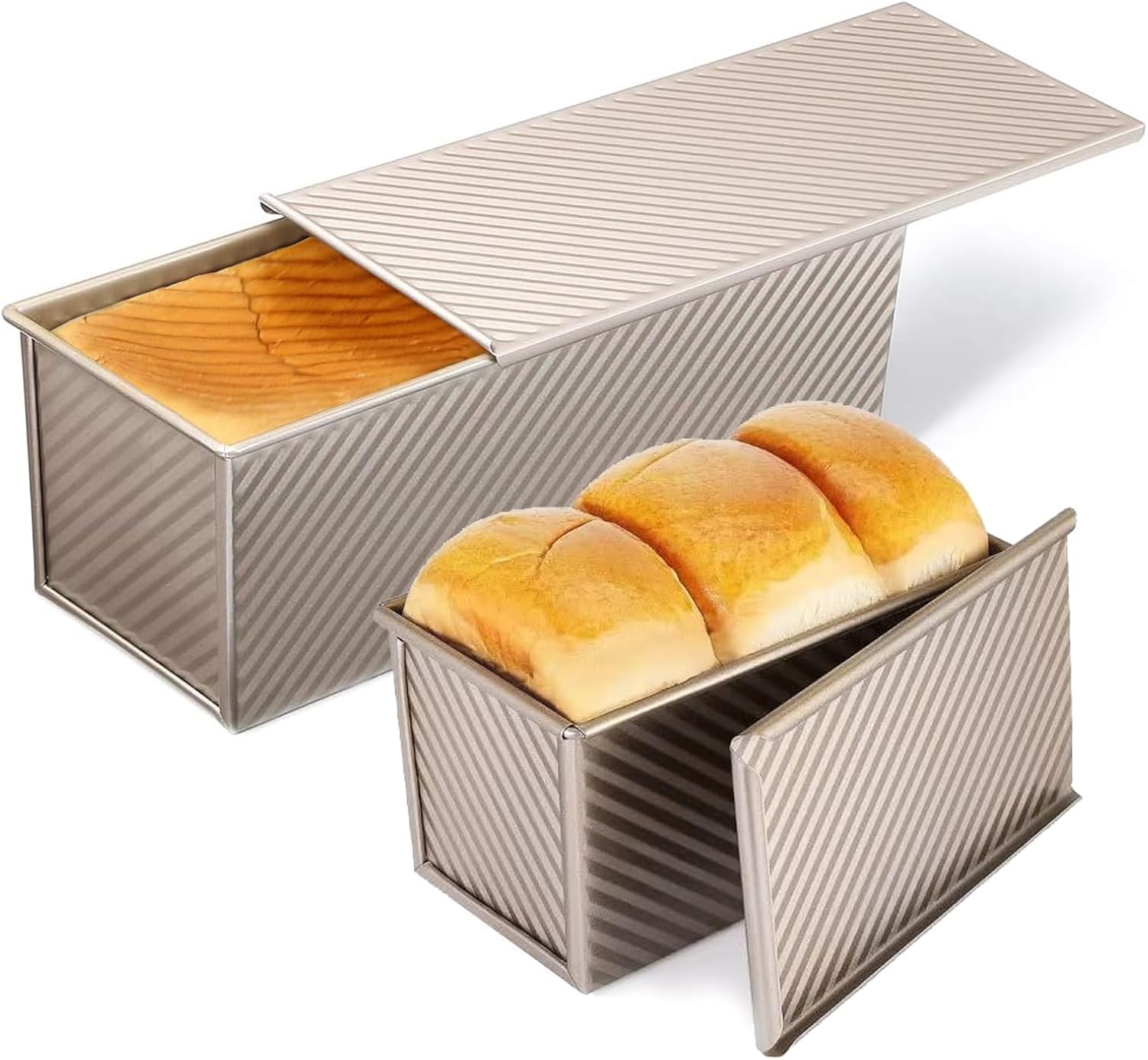 2 Pack Pullman Loaf Pan with Lid, 13x4 & 9x4 inch (2.2 lb & 1 lb Dough Capacity), Non-Stick Sandwich Bread Loaf Pan for Homemade Baking Bread, Gold - Image 1