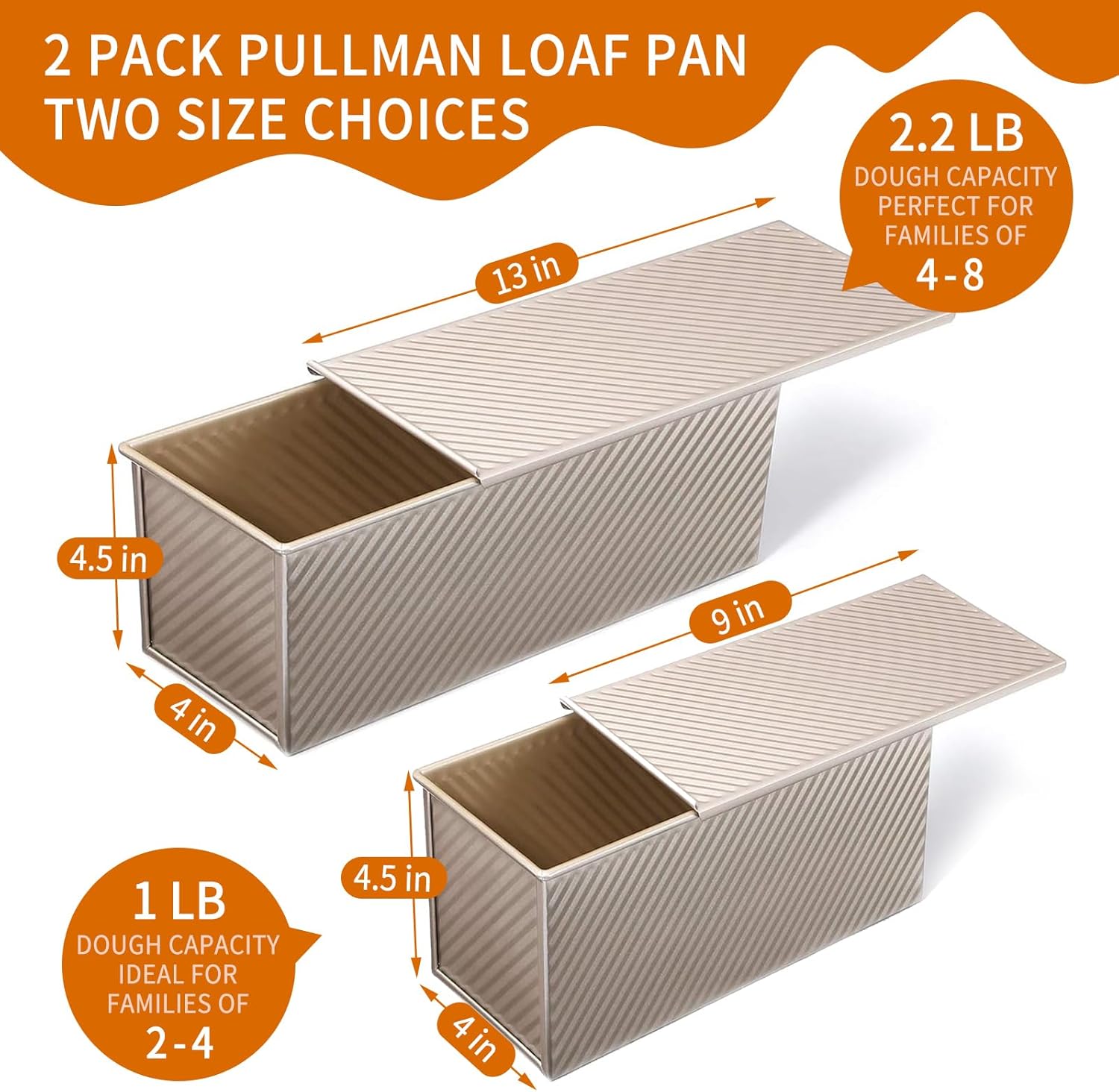 2 Pack Pullman Loaf Pan with Lid, 13x4 & 9x4 inch (2.2 lb & 1 lb Dough Capacity), Non-Stick Sandwich Bread Loaf Pan for Homemade Baking Bread, Gold - Image 2