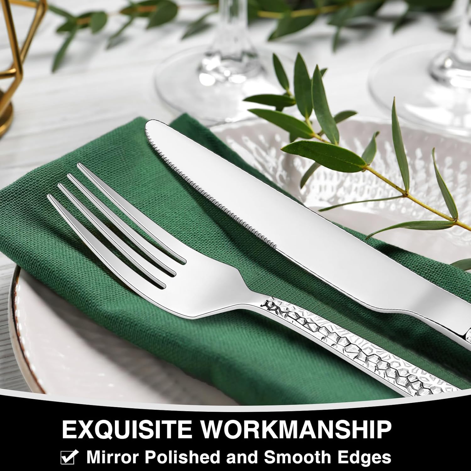 Hammered Silverware Set, 40-Piece Stainless Steel Square Flatware Set for 8, Food-Grade Tableware Cutlery Set, Utensil Sets for Home Restaurant, Mirror Finish, Dishwasher Safe - Image 4