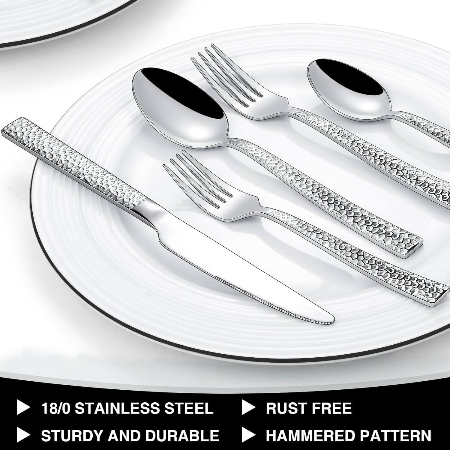 Hammered Silverware Set, 40-Piece Stainless Steel Square Flatware Set for 8, Food-Grade Tableware Cutlery Set, Utensil Sets for Home Restaurant, Mirror Finish, Dishwasher Safe - Image 5
