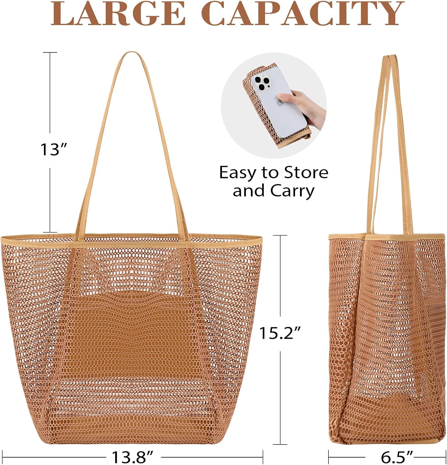 Mesh Beach Bag, Beach Bags for Women, Woven Straw Beach Tote Bag Waterproof with Inner Pocket, Packable Beach Bag - Image 3