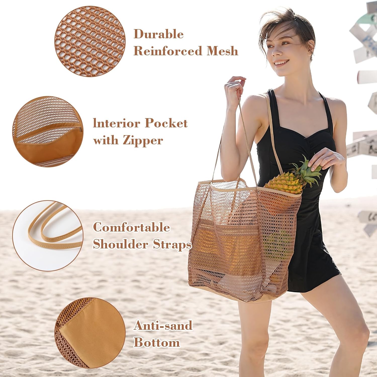 Mesh Beach Bag, Beach Bags for Women, Woven Straw Beach Tote Bag Waterproof with Inner Pocket, Packable Beach Bag - Image 4