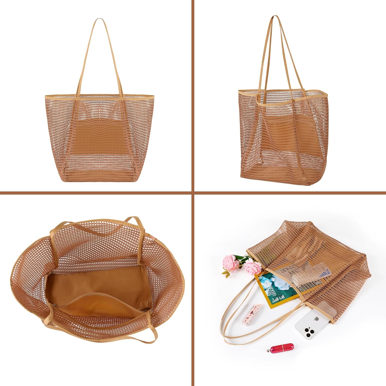 Mesh Beach Bag, Beach Bags for Women, Woven Straw Beach Tote Bag Waterproof with Inner Pocket, Packable Beach Bag - Image 5