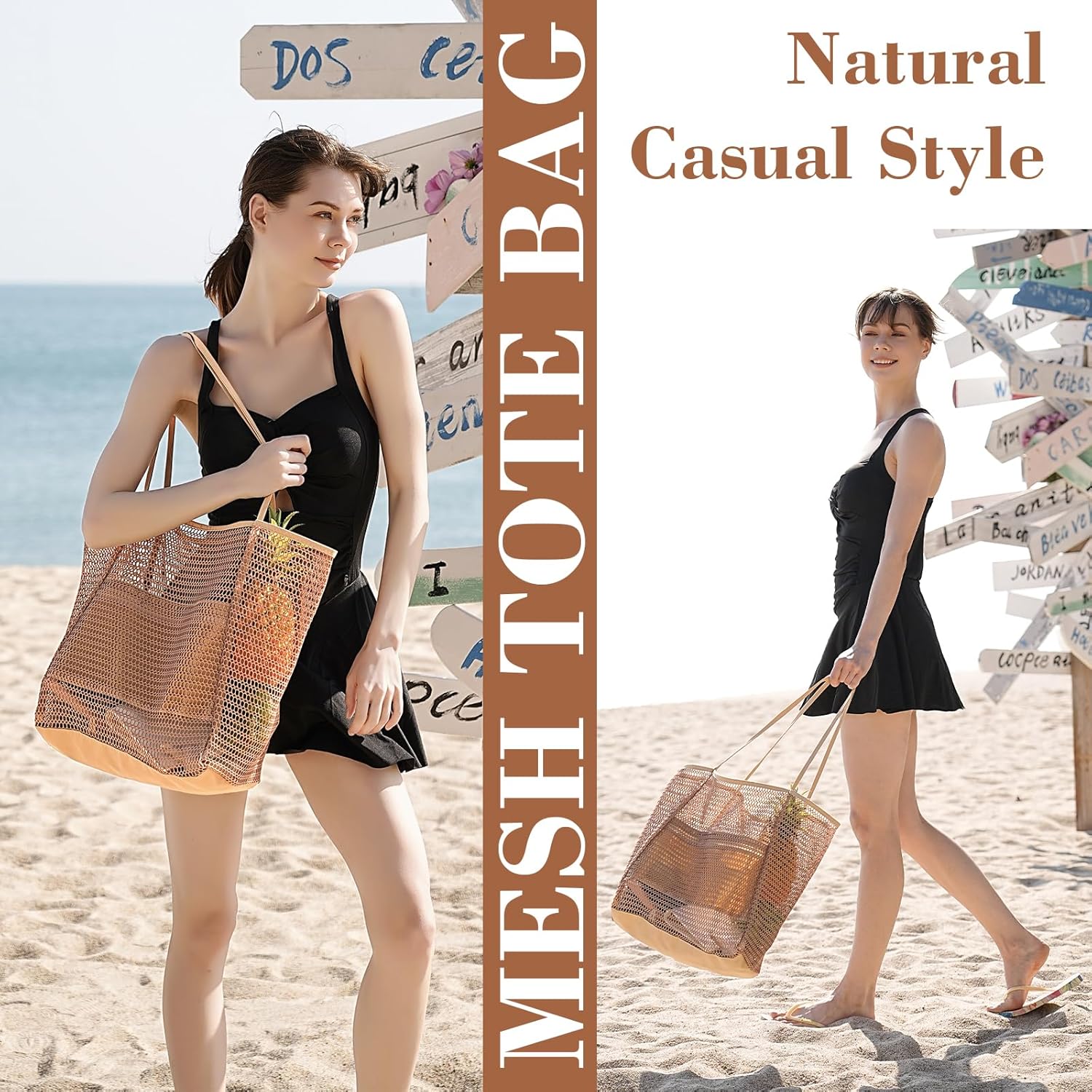 Mesh Beach Bag, Beach Bags for Women, Woven Straw Beach Tote Bag Waterproof with Inner Pocket, Packable Beach Bag - Image 6