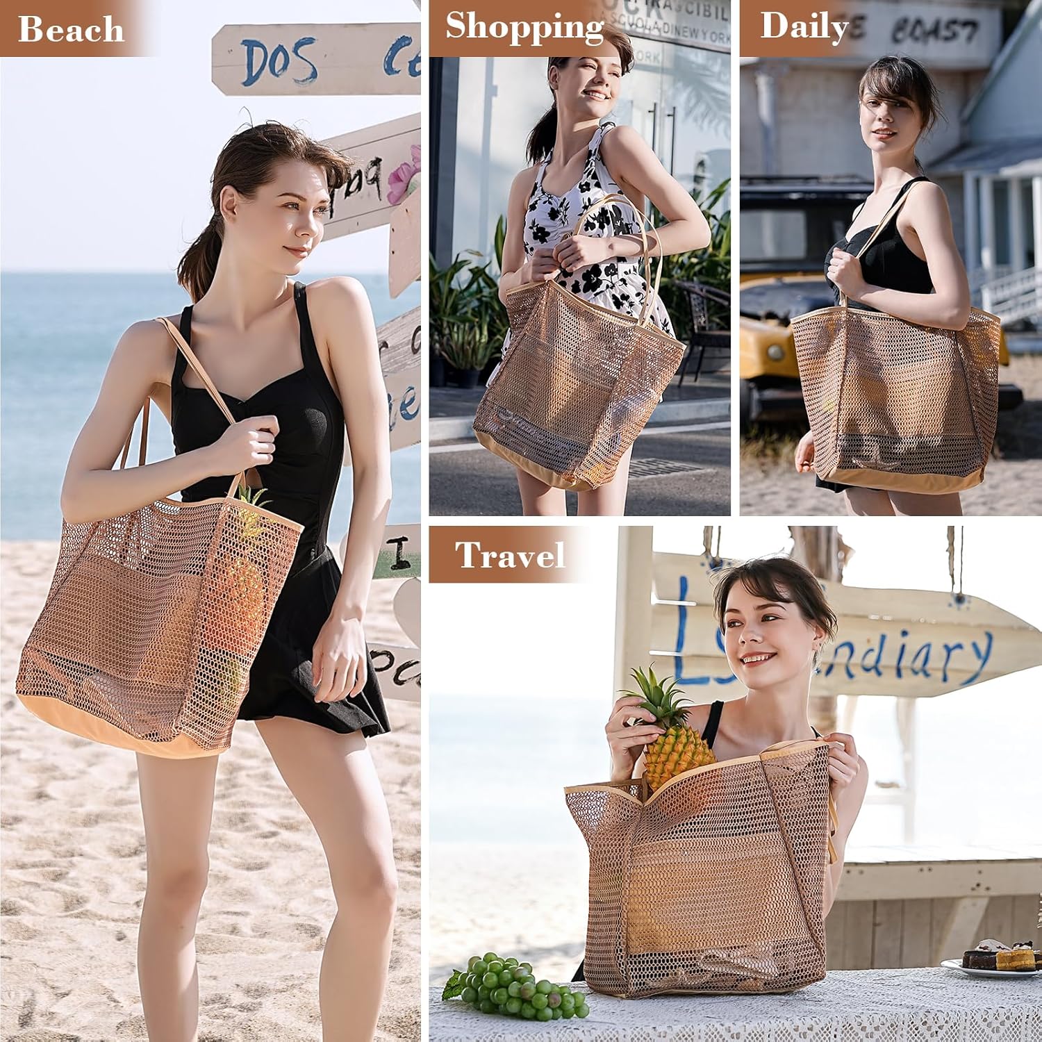 Mesh Beach Bag, Beach Bags for Women, Woven Straw Beach Tote Bag Waterproof with Inner Pocket, Packable Beach Bag - Image 7