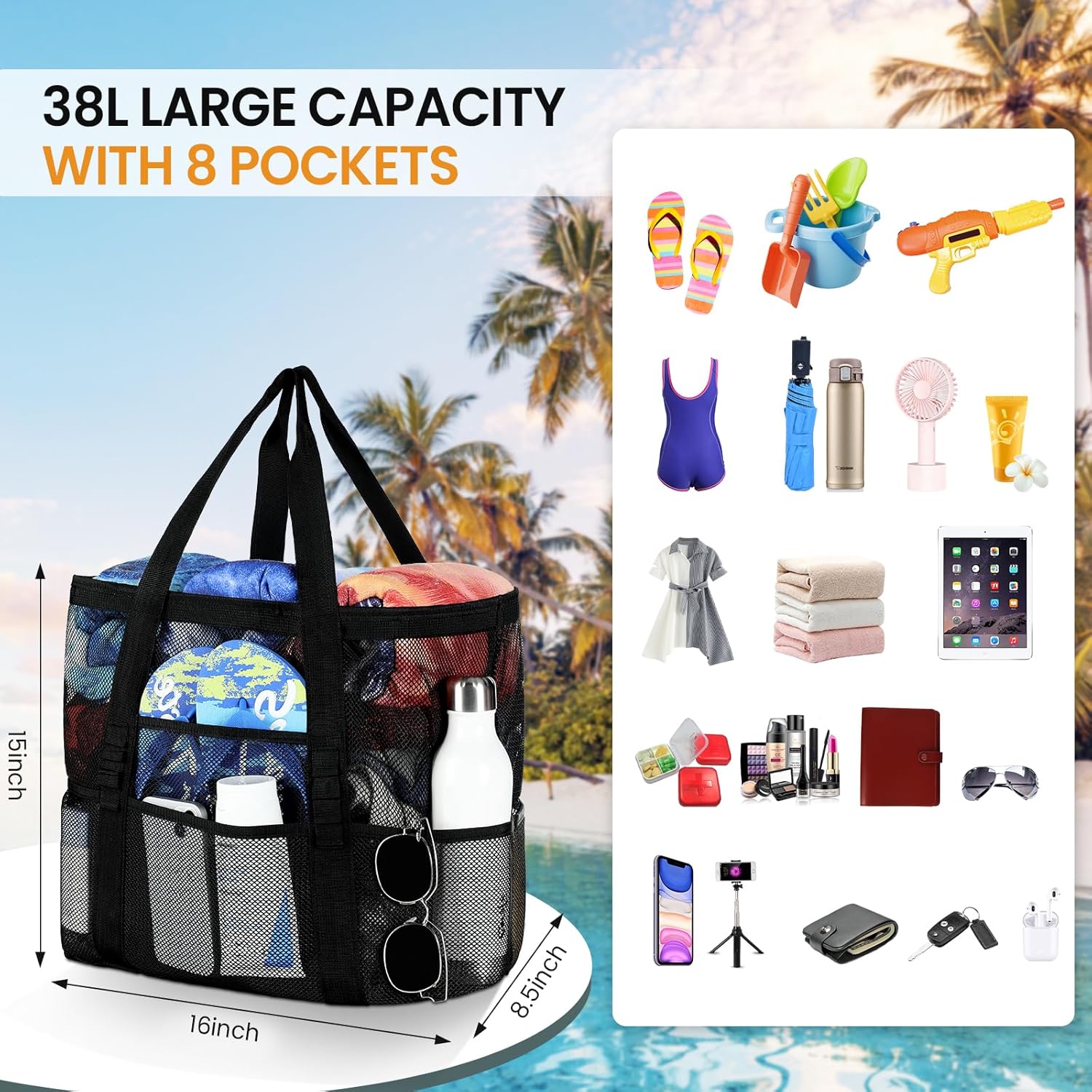Mesh Beach Bag - Large Beach Tote with Multi Functional Pockets for Family Travel/Vacation - Image 3