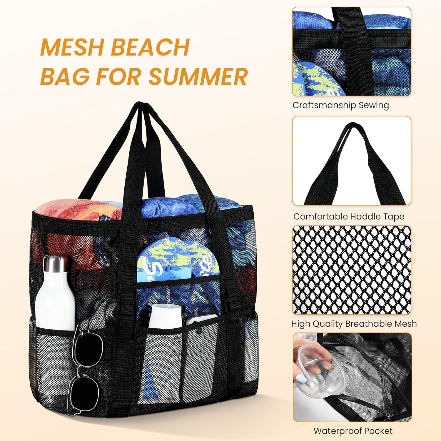 Mesh Beach Bag - Large Beach Tote with Multi Functional Pockets for Family Travel/Vacation - Image 4