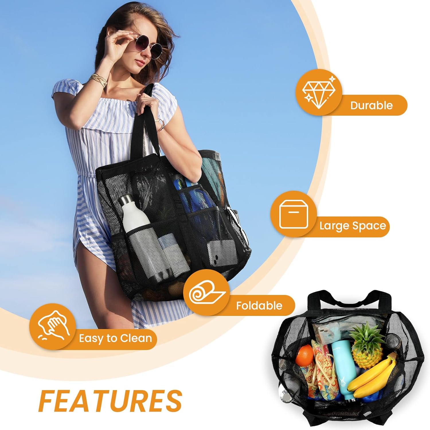 Mesh Beach Bag - Large Beach Tote with Multi Functional Pockets for Family Travel/Vacation - Image 5