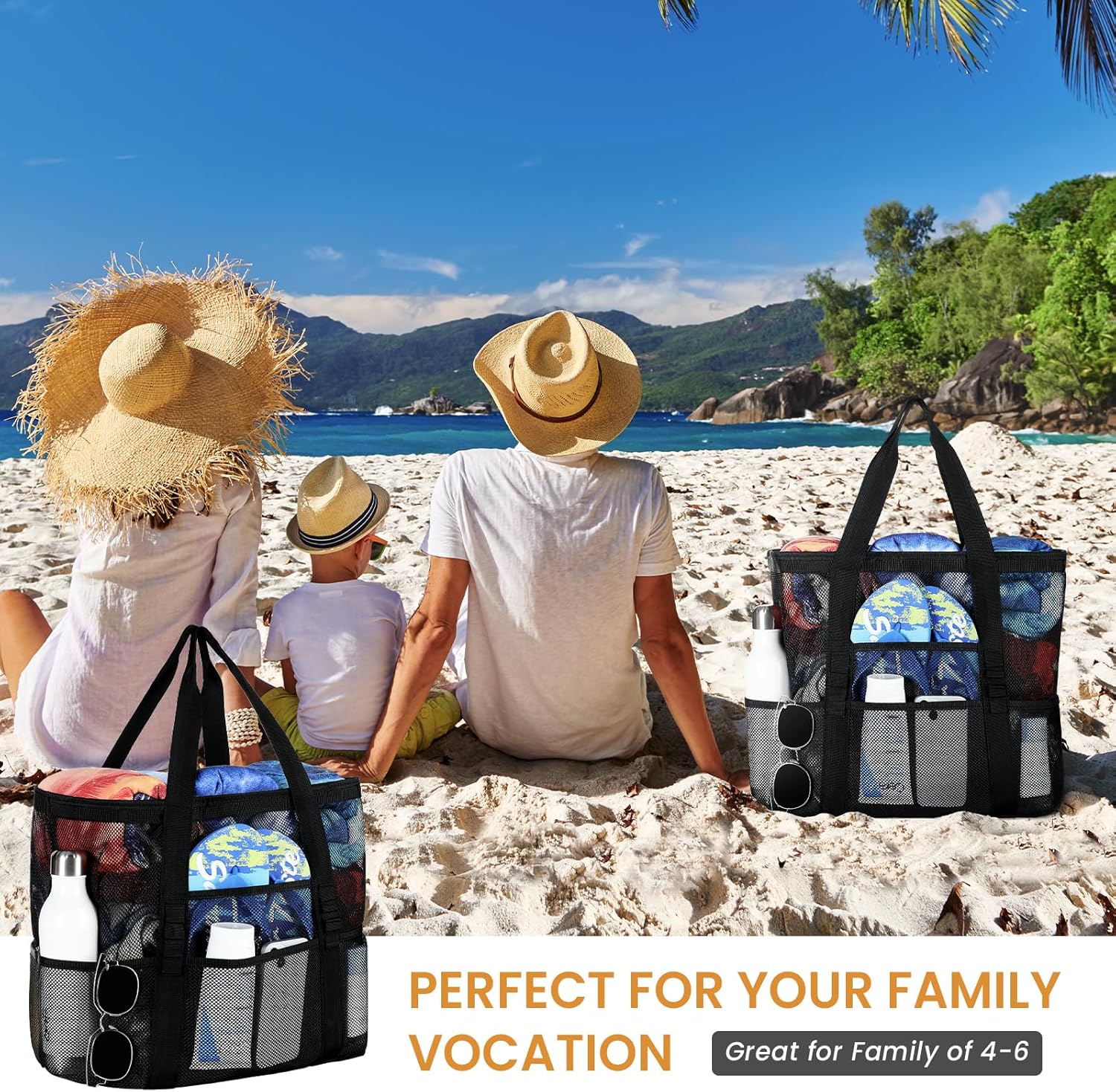 Mesh Beach Bag - Large Beach Tote with Multi Functional Pockets for Family Travel/Vacation - Image 6