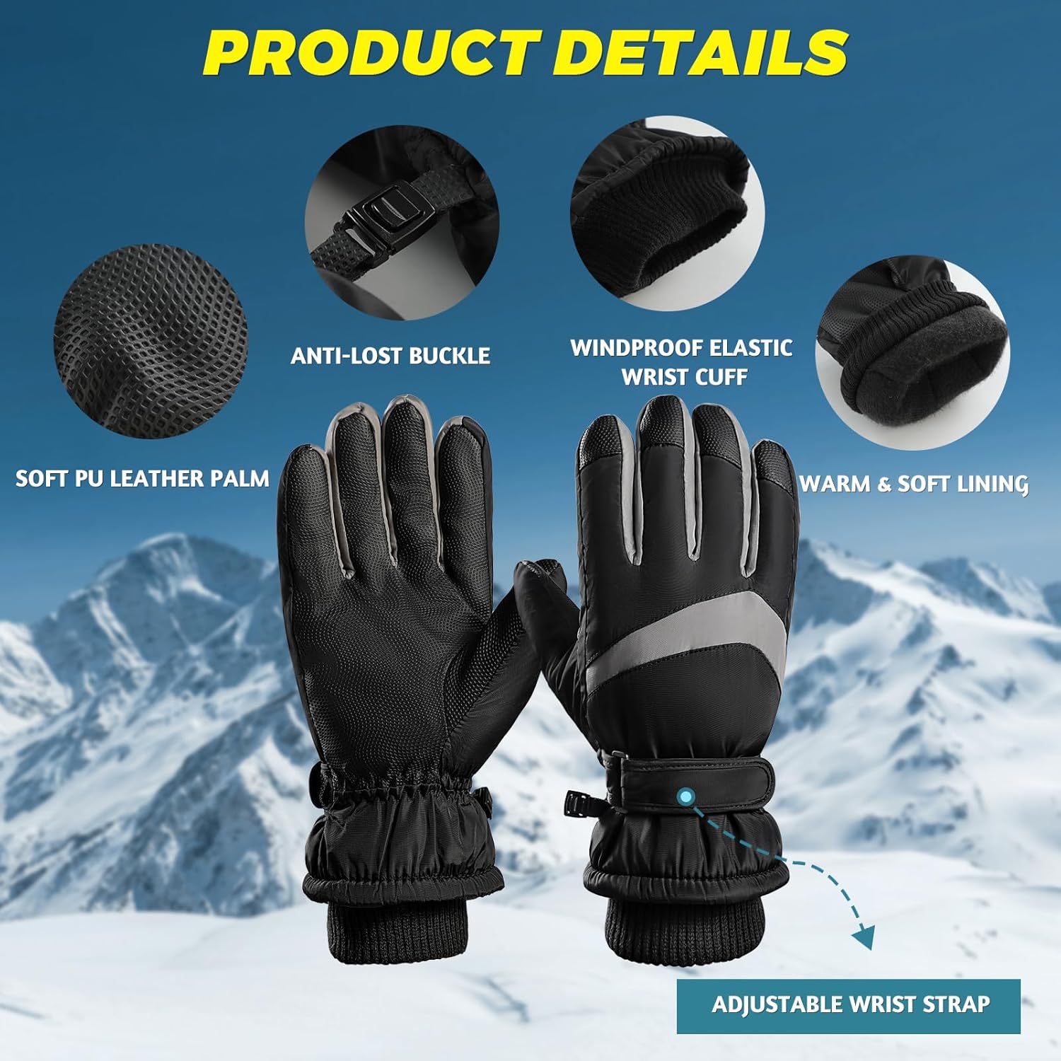 Winter Ski Gloves, Windproof Glove for Men & Women, Touchscreen Snow Gloves for Cold Weather, Thermal Warm Glove - Image 3
