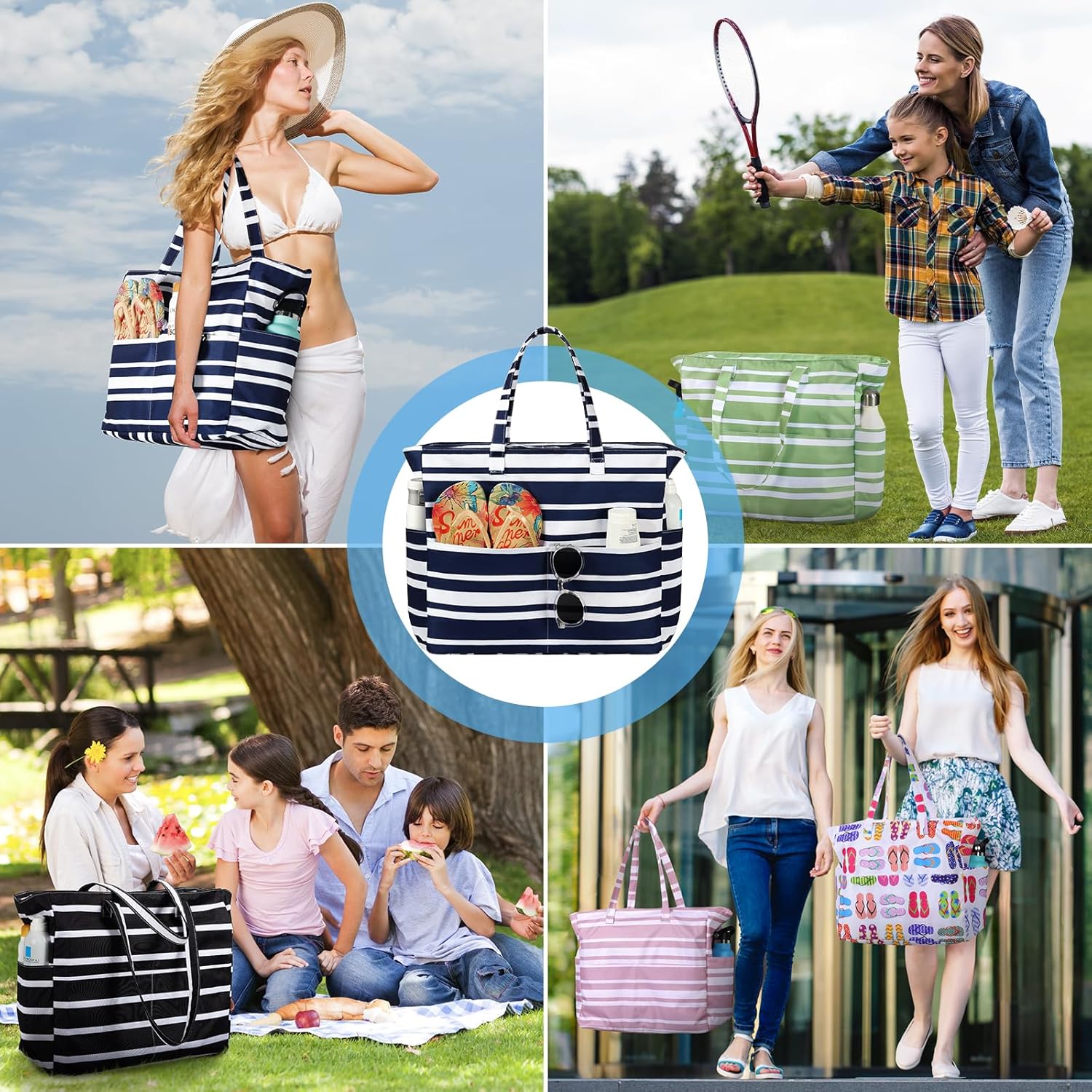Beach Bags for Women Waterproof Sandproof Women Tote Bag, Large Beach Bag with Zipper for Gym Travel Vocation - Image 2