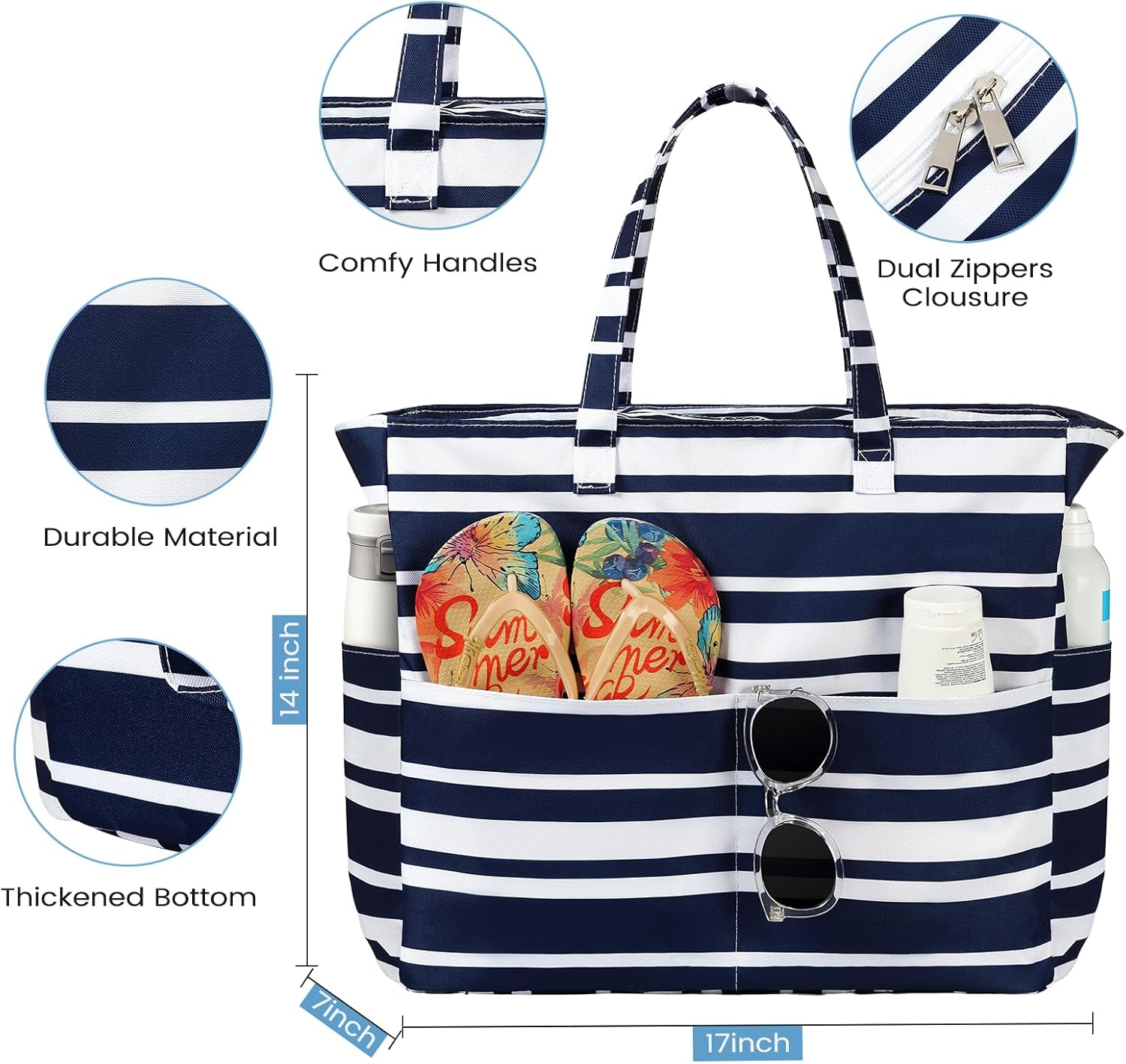 Beach Bags for Women Waterproof Sandproof Women Tote Bag, Large Beach Bag with Zipper for Gym Travel Vocation - Image 3