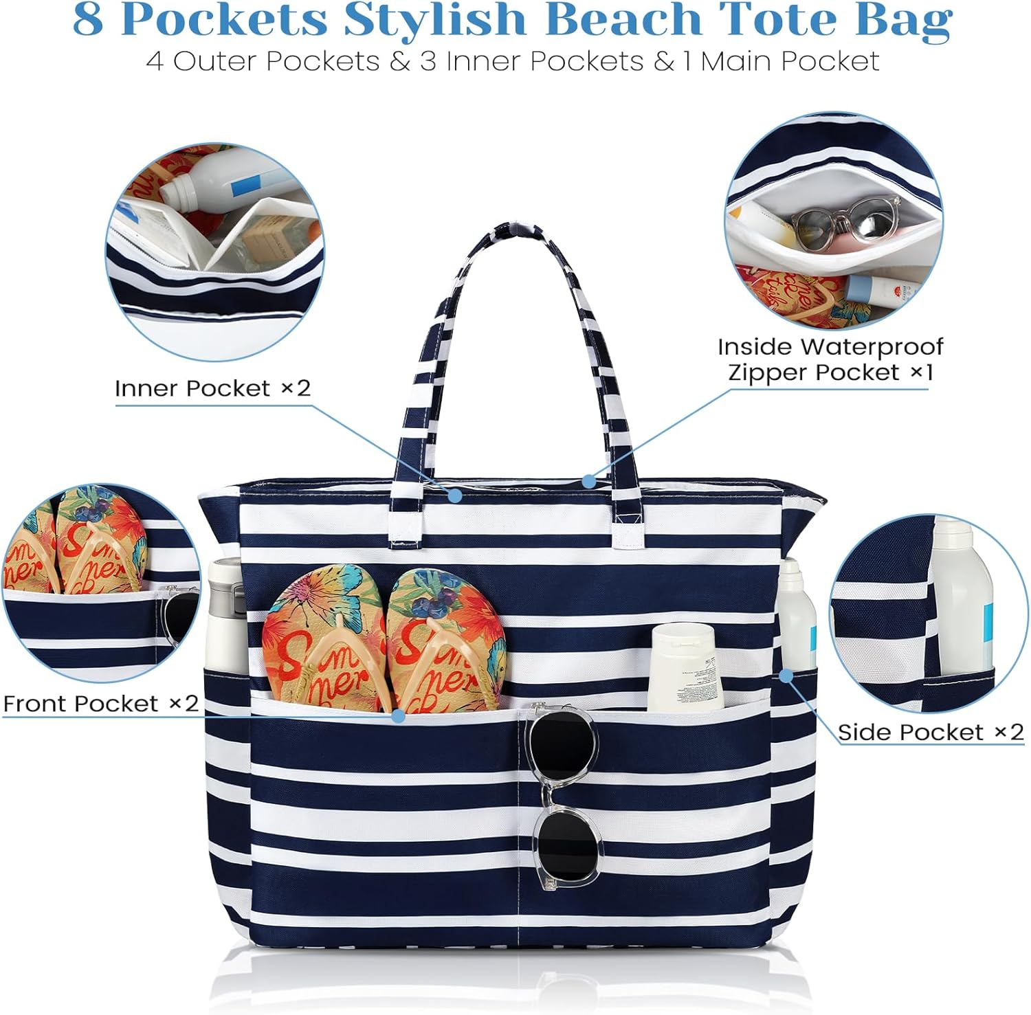 Beach Bags for Women Waterproof Sandproof Women Tote Bag, Large Beach Bag with Zipper for Gym Travel Vocation - Image 4
